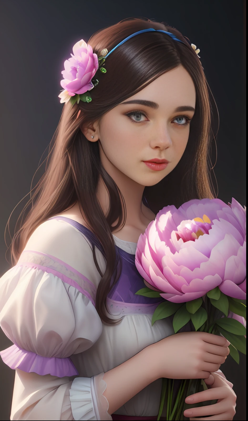 Young very brunette and many flowers of pink and violet peonies, blue background, highly detailed, hyper-realistic, 3D, octane render, bright colors, digital painting, trend in artstation, sharp focus,