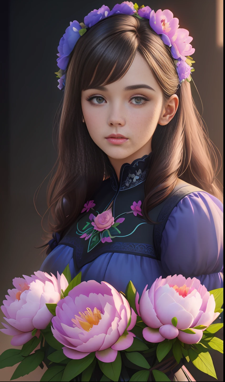Young very brunette and many flowers of pink and violet peonies, blue background, highly detailed, hyper-realistic, 3D, octane render, bright colors, digital painting, trend in artstation, sharp focus,