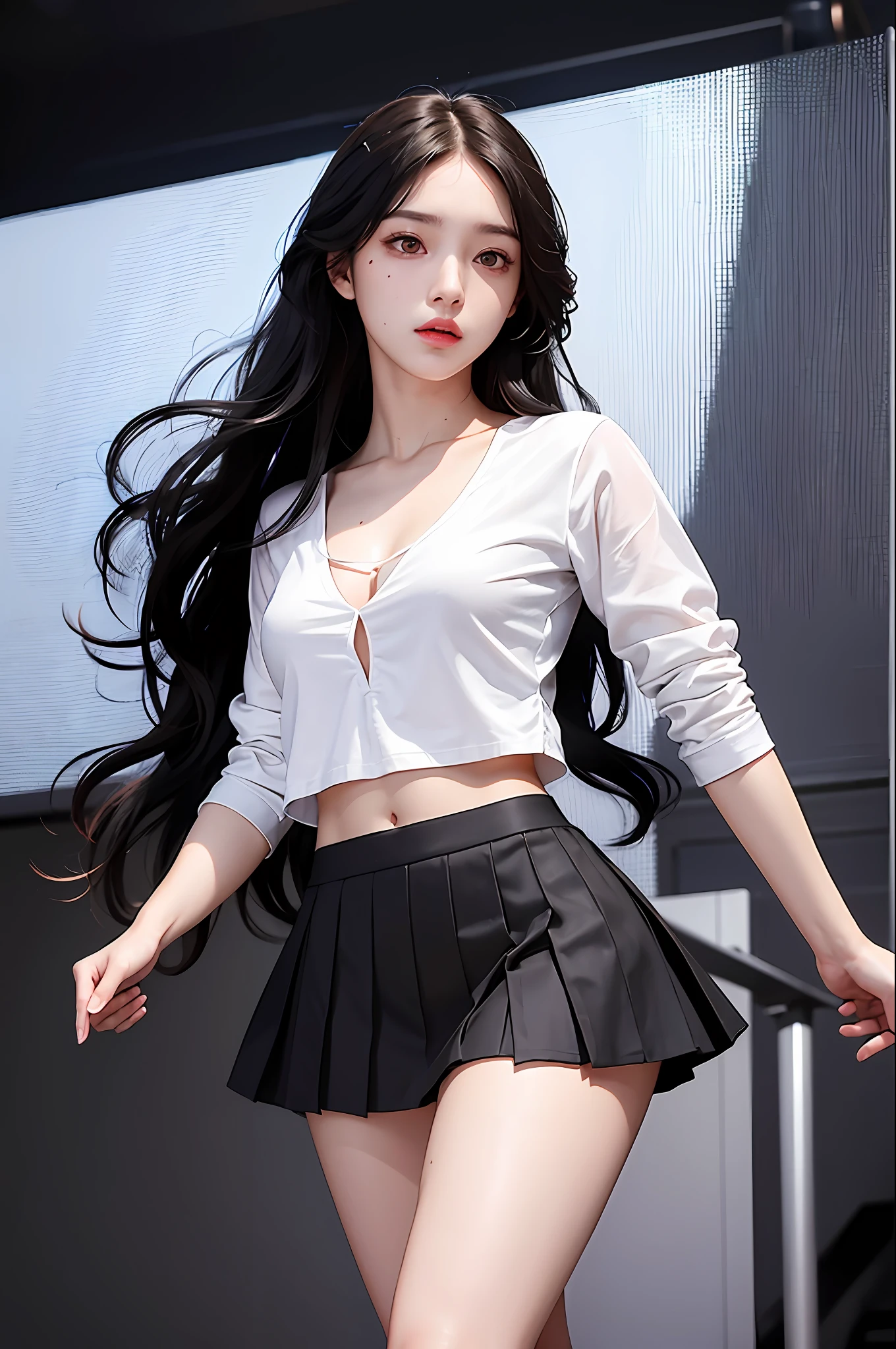 Realistic, high resolution, 1 girl, black wavy hair, Korean, heterochromic eyes, small moles under the eyes, white shirt, black pleated skirt, small breasts, long legs, tight abs, dynamic pose, catwalk