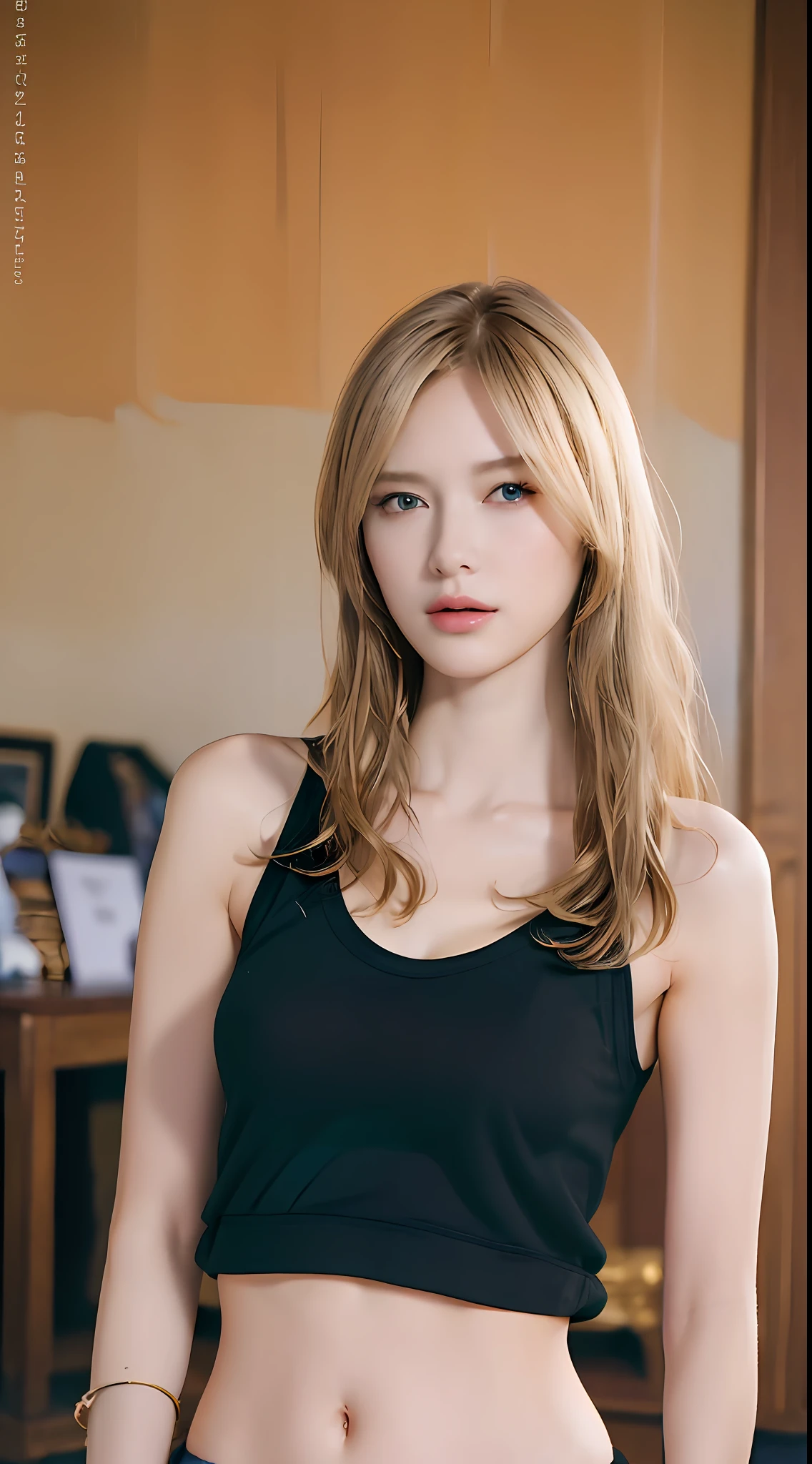 ((Best Quality, 8K, Masterpiece: 1.3)), Full Body, Focus Clear: 1.2, Outstanding Beauty: 1.4, Slender Abs: 1.2, ((Blonde, Big: 1.2)), Black Tank Top, Highly Detailed Face and Skin Texture, Detailed Eyes, Double Eyelids