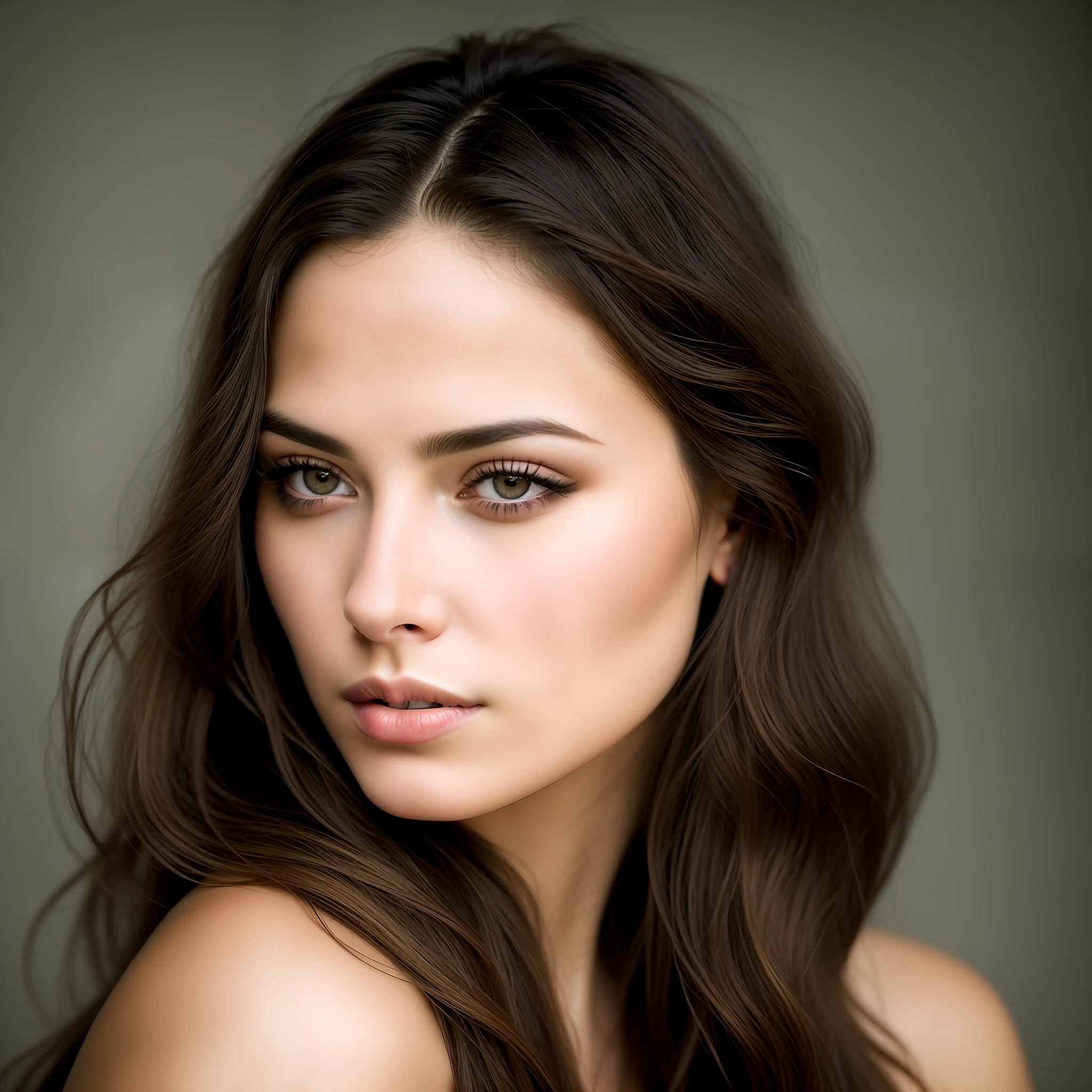 RAW, analog style, a breathtaking portrait of a young and beautiful woman with striking features. She should have long floating hair, a captivating look and a seductive expression. The background should be neutral and simple, allowing the woman to be the focal point of the image. Please pay close attention to details, such as highlights and shadows on his face and hair, to create a realistic and realistic image. Experiment with different lighting techniques to enhance the mood and atmosphere of the portrait. The final product should be a masterpiece that captures the essence and beauty of the woman ((highly detailed skin, skin details)), sharp focus, volumetric fog, 8k UHD, DSLR, high quality, film grain, Fujifilm XT3