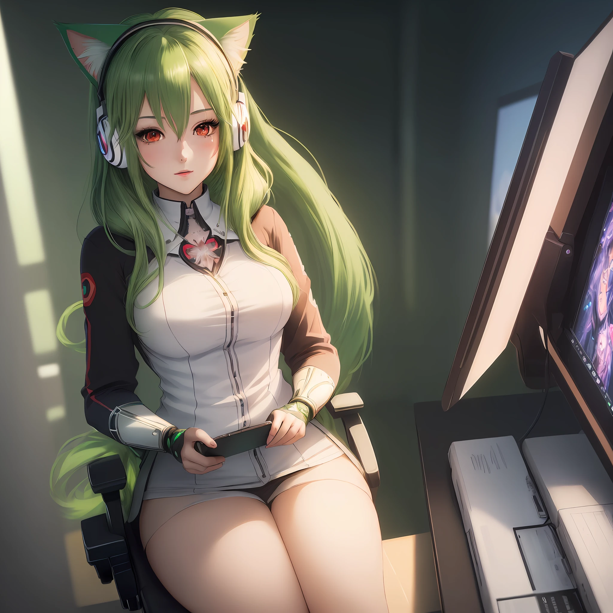 (masterpiece: 1.5),(best quality:1.5),(ultra-detailed:1.5),illustration,anime photo, a woman (1:2) , tails Green hair, red eyes, blush, listening to music with cat ears headset, behind a tablet, detailed hacker workplace