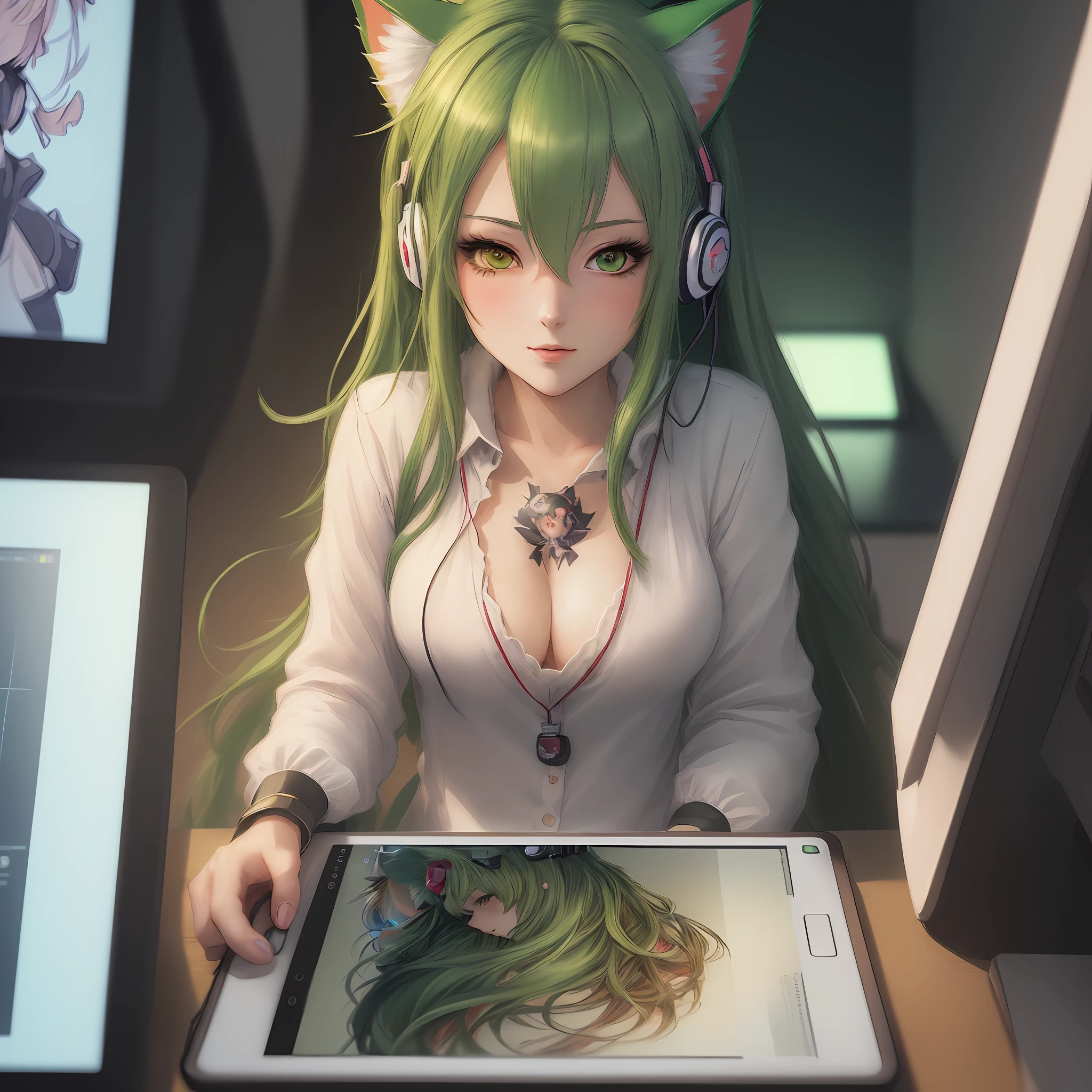 (masterpiece: 1.5),(best quality:1.5),(ultra-detailed:1.5),illustration,anime photo, a woman (1:2) , tails Green hair, red eyes, blush, listening to music with cat ears headset, behind a tablet, detailed hacker workplace