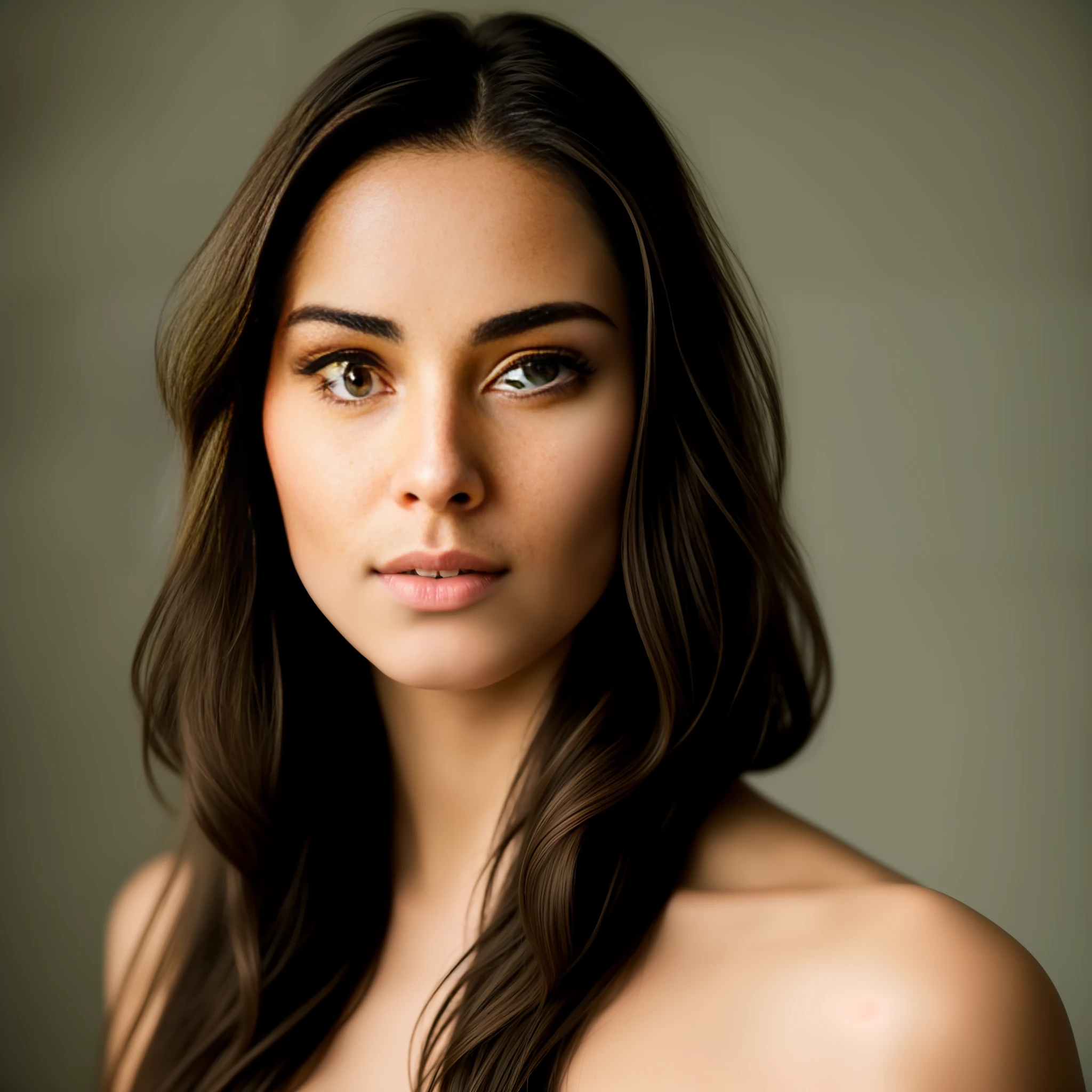 RAW, analog style, a breathtaking portrait of a young and beautiful woman with striking features. She should have long floating hair, a captivating look of detailed eyes and a seductive expression and a small smile. The background should be neutral and simple, allowing the woman to be the focal point of the image. Please pay close attention to details, such as highlights and shadows on his face and hair, to create a realistic and realistic image. Experiment with different lighting techniques to enhance the mood and atmosphere of the portrait. The final product should be a masterpiece that captures the essence and beauty of the woman ((highly detailed skin, skin details)), sharp focus, volumetric fog, 8k UHD, DSLR, high quality, film grain, Fujifilm XT3