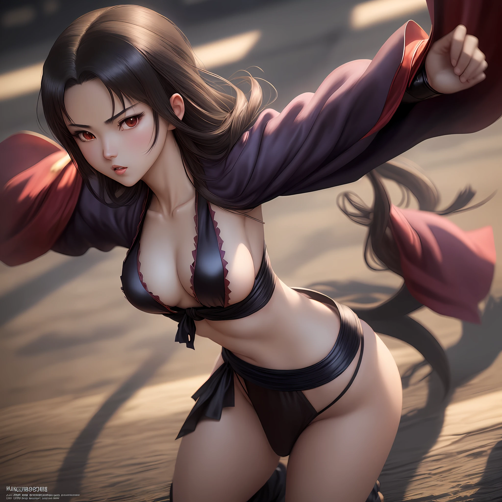 "(Extremely detailed anime-style artwork, masterpiece quality, dramatic lighting, the best shadows), depicting a ninja princess, with dark hair and small breasts, wearing silk clothing."