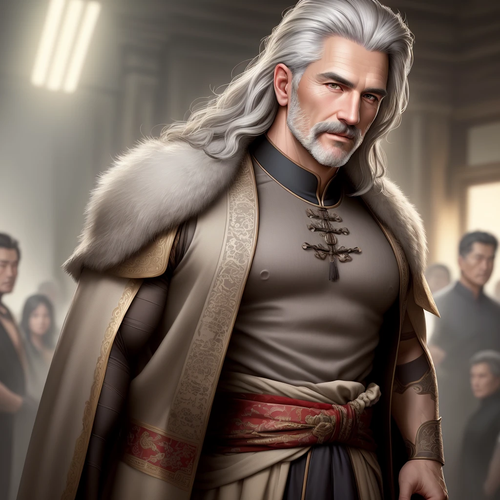 Best Quality, Masterpiece, Ultra High Resolution, Detail Background, Realism, Hadesstyle, Solo, Masculine, Mature, Bara, Mature Male, Short Hair, Facial Hair, Long Gown, Old Chinese Medicine, ((Highest Quality + Illustration + Masterpiece: 1.3 + Super Detail: 1.2)), (Super Detailed Face + Eyes), Cinematic Lighting, (Gray Hair + Long Hair), Upper Body, Looking at the Audience (Casual Expression), Random Scene, Random Weather, (Color), (Slow motion: 1.2), (Soft Light and Shadow: 1.3).