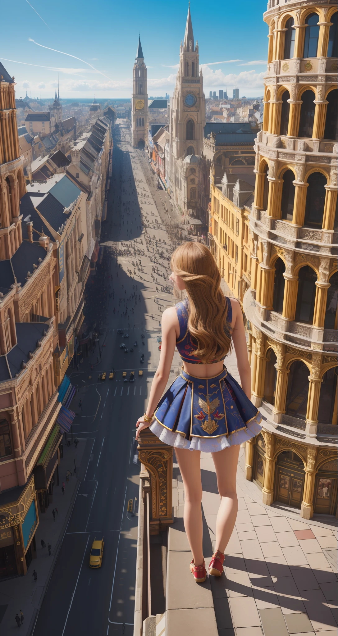 professional detailed photo, ultra detailed world, ultra maximalism, a  girl wondering on central street of large town market place, bright daylight, ultra detailed, intricate details, insane details, Hasselblad, masterpiece, ultra detailed world, world full of details,
