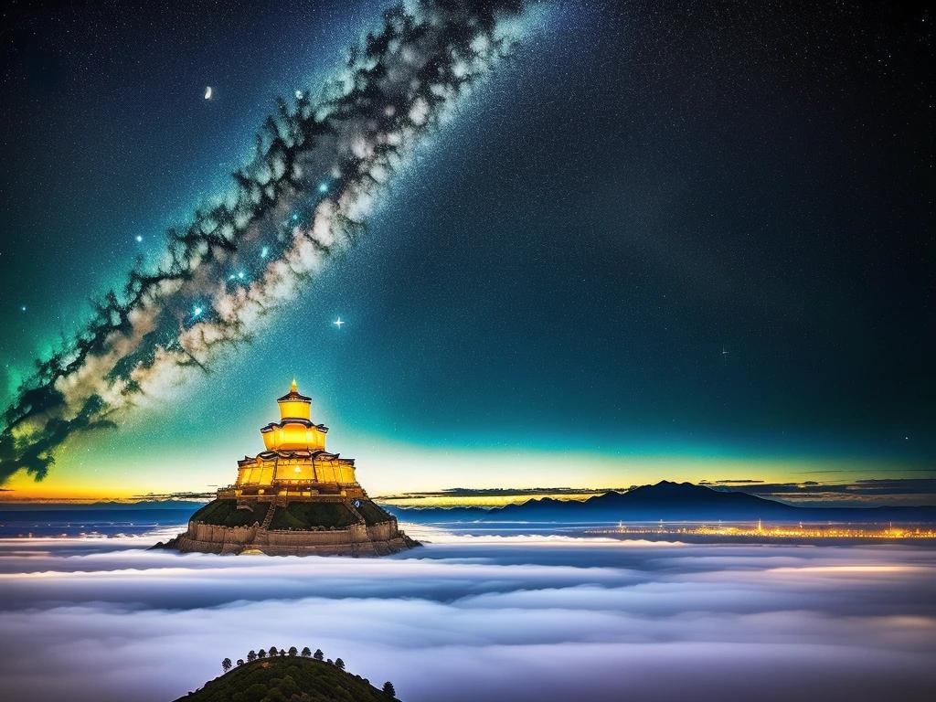 Mila, Maitreya Bodhisattva,Maitreya, a large golden buddha statue sitting in a room with a blue ceiling and a blue sky background with clouds, above_clouds, airship, aurora, bridge, building, castle, chimney, city, city_lights, cityscape, clock, clock_tower, cloud, cloudy_sky, constellation, crescent_moon, desert, earth_\(planet\), fireworks, floating_island, fountain, galaxy, glowing, house, island, lamppost, lantern, light_particles, milky_way, moon, mountain, night, night_sky, no_humans, planet, scenery, shooting_star, sky, skyline, skyscraper, snow, snowing, space, star_\(sky\), star_\(symbol\), starry_sky, starry_sky_print, telescope, tower, town, twilight, watercraft