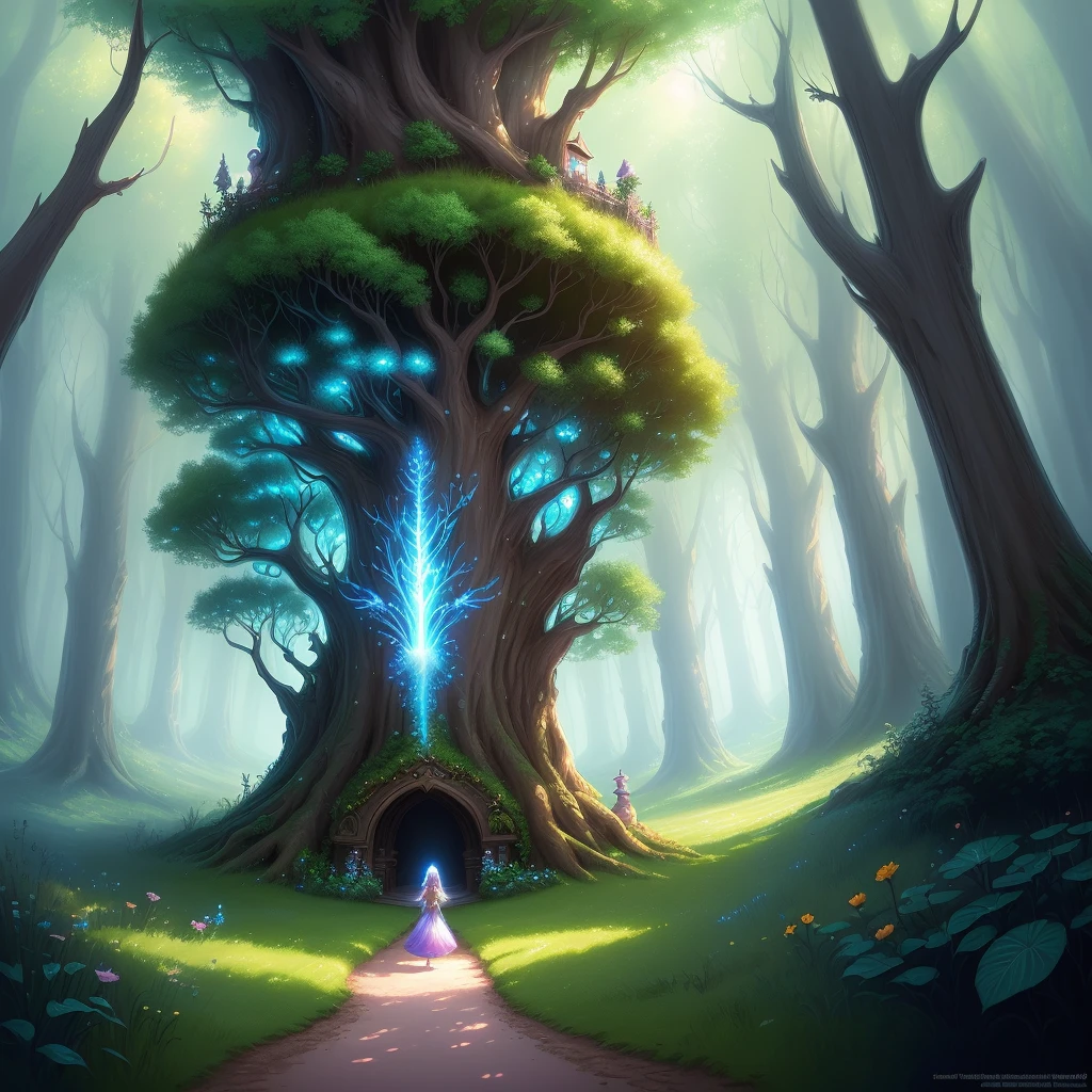 High quality, high definition, detailed drawing, light bloom, 1girl, cartoon cat in fairy dress, fairy forest, beautiful glowing blue eyes, perfect fingers, beeple and jeremiah Kettner, cute digital painting, lost in fantastic fairy tale landscape, cute detail digital art, fantasy matte painting, cute, concept art magical highlights, magical world. Colorful and cute digital art, fairy tale atmosphere, fantastic digital painting, so magical and dreamy