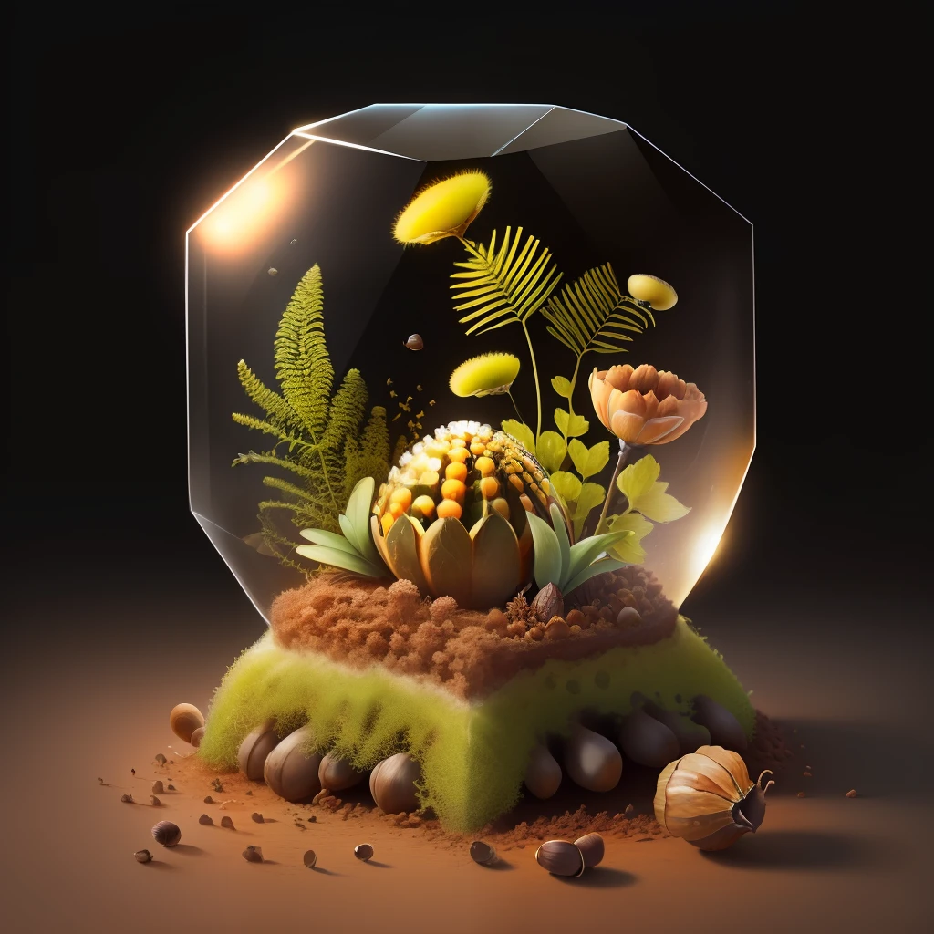 an anthill with plants, soil, acorns, fruits inside a clear crystal, realistic, hd