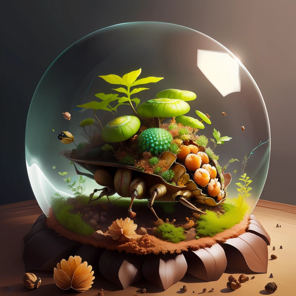 an anthill with plants, soil, acorns, fruits inside a clear crystal, realistic, hd
