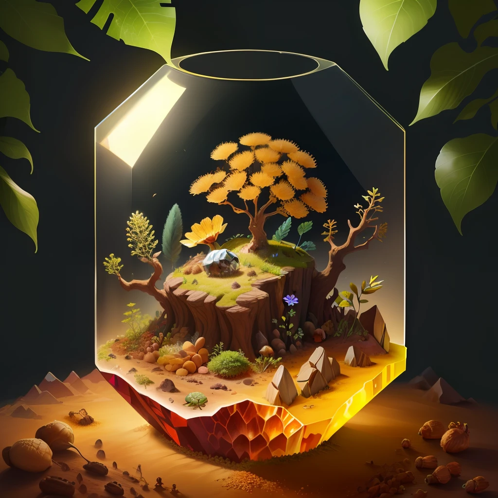 an anthill with plants, soil, acorns, fruits inside a clear crystal, realistic, hd