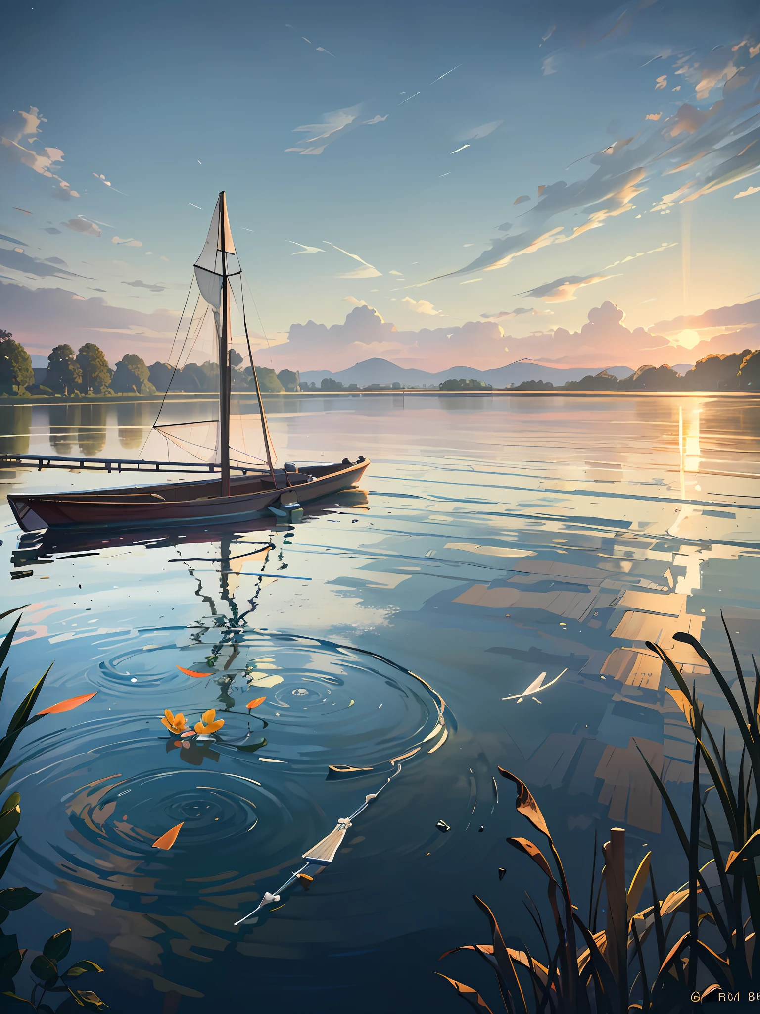 Wallpaper, summer pond, pond, boat, afternoon sun, reeds, pond background, depth of field, hot weather, HD detail, wet watermark, hyperdetail, cinematic, surrealism, soft light, deep field focus bokeh, ray tracing, diffuse (ultra-fine glass reflection) and surrealism. --v6