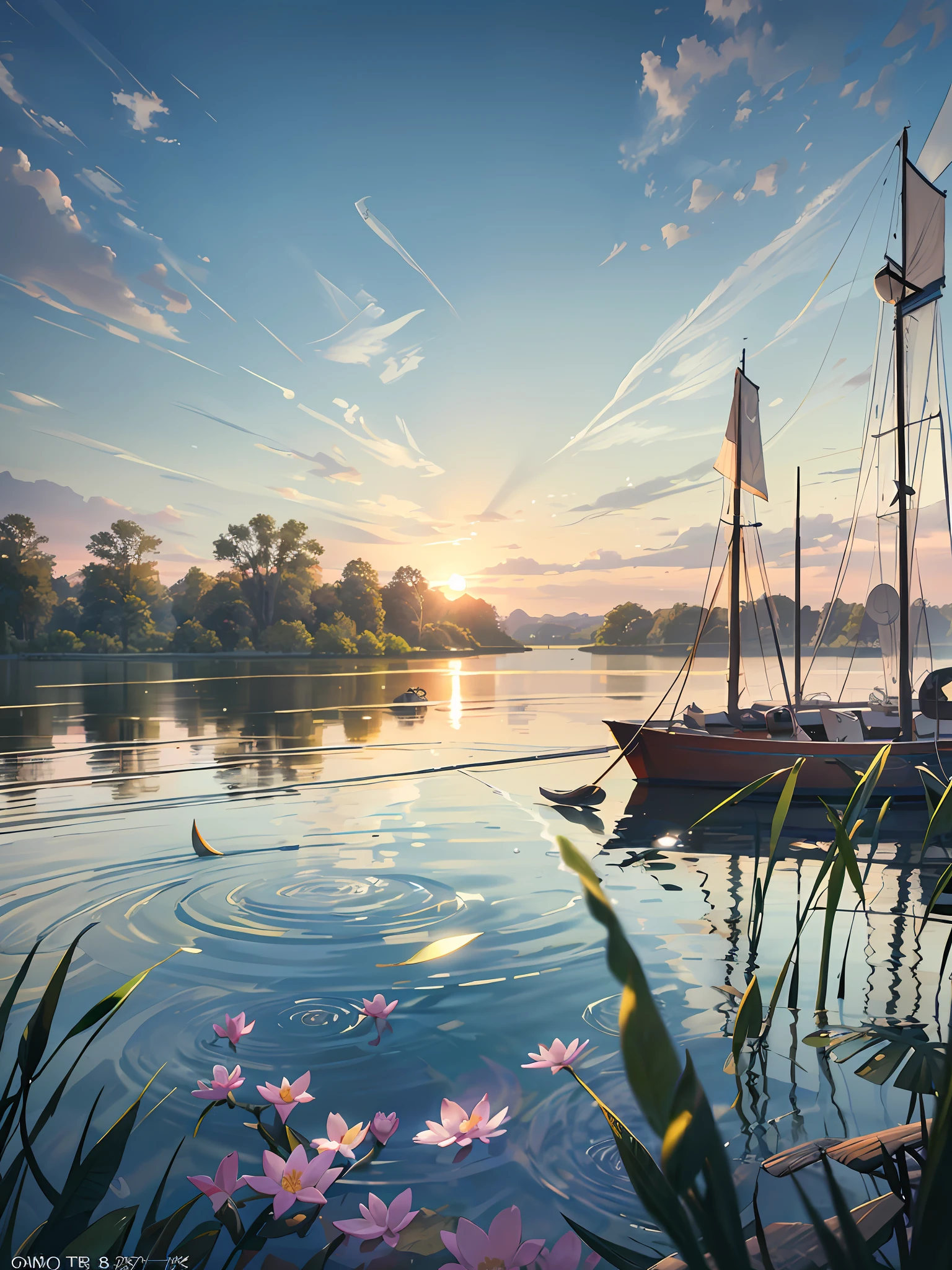Wallpaper, summer pond, pond, boat, afternoon sun, reeds, pond background, depth of field, hot weather, HD detail, wet watermark, hyperdetail, cinematic, surrealism, soft light, deep field focus bokeh, ray tracing, diffuse (ultra-fine glass reflection) and surrealism. --v6