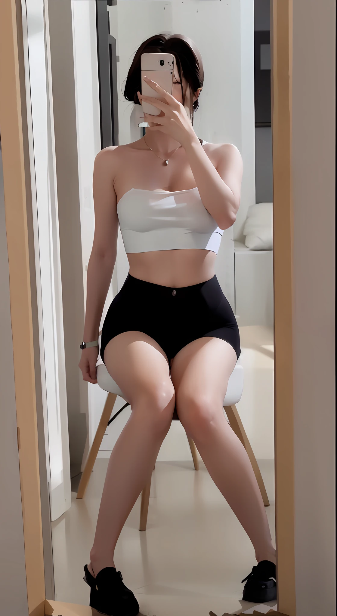 There is a woman taking a picture of herself in the mirror, 2 female model, wearing sexy cropped top, wearing tight simple clothes, tight black tank top and shorts, tight clothes, smooth white tights suit, good hips and long legs, fitted delicate figure, thinnest belly ever, photo of slim girl, superb picture quality