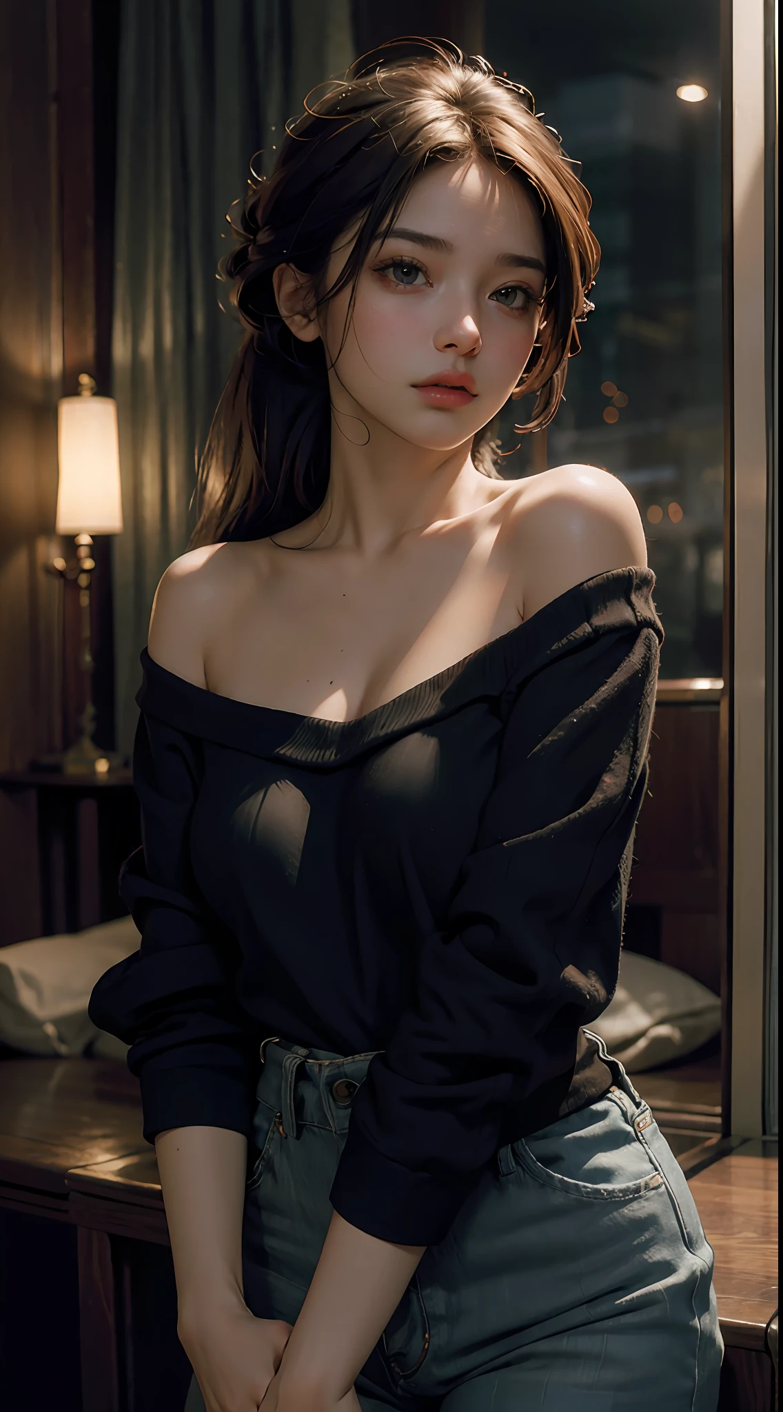Best quality, masterpiece, ultra high res, (photorealistic:1.4), raw photo, 1girl, off shoulder, cinematic lighting