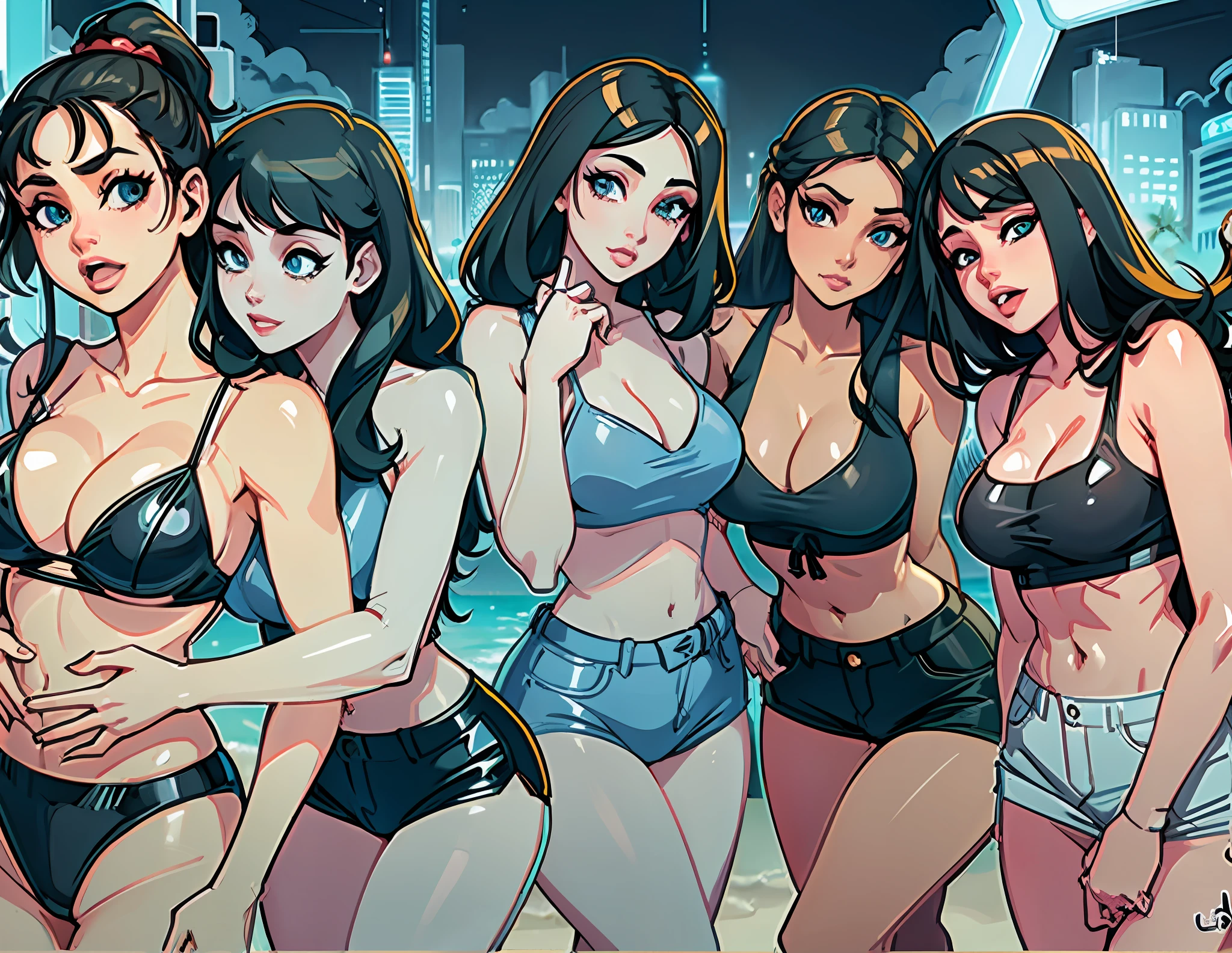 (Day, beach, Realistic Light, Best Quality, 8K, Masterpiece: 1.3)), Standing, Standing 5girl, perfect body curvy Beauty: 1.4, (Black Hair, Big Breasts: 1.3), (cleavage: 1.2), bikini, thong, sexy pose, Super Fine Face, Detailed Eyes, stylish hair, detailed hair, detailed eyes, pretty lips, anime style, highly detailed