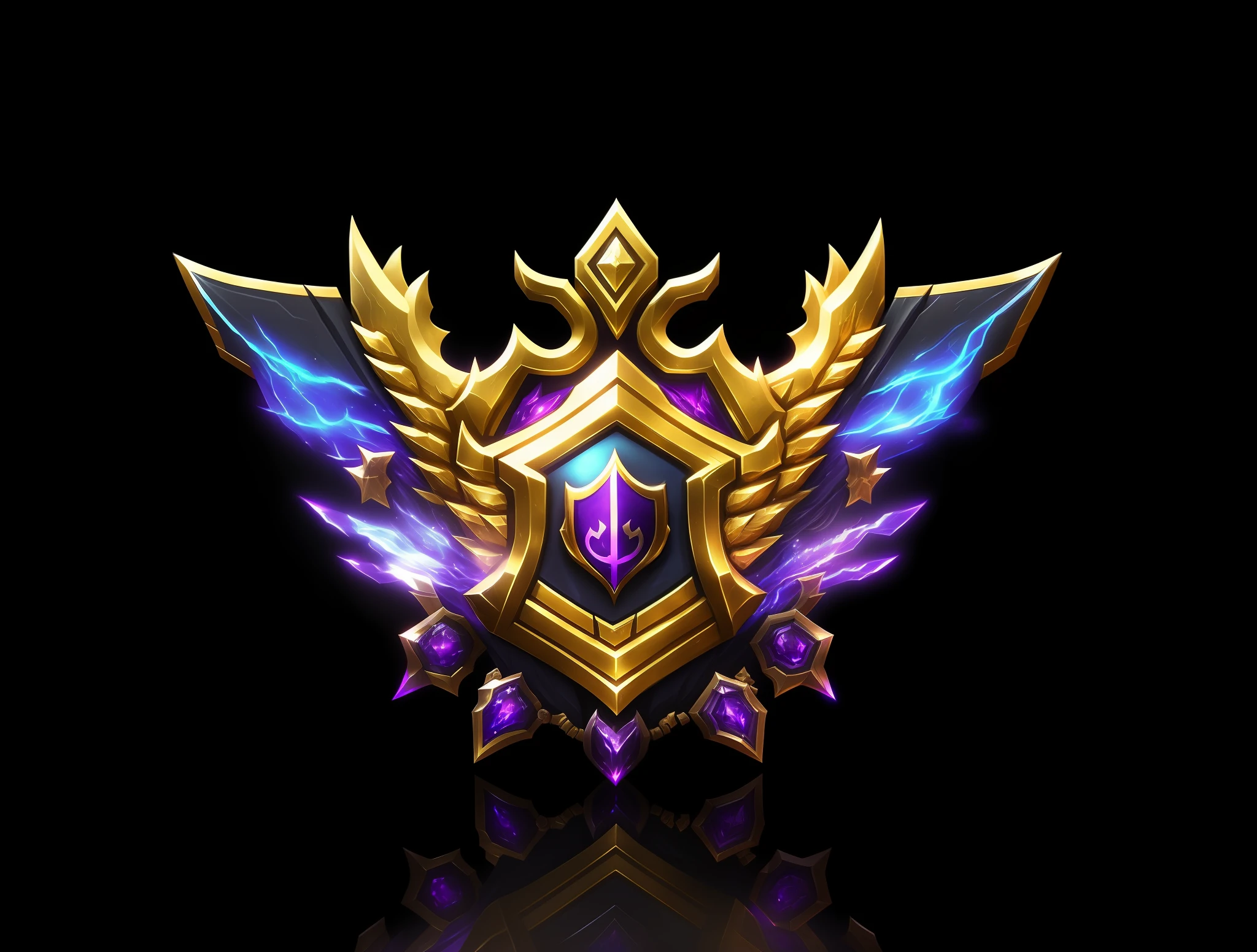Purple and gold badge close-up on black background, League of Legends champions, League of Legends style, League of Legends style, Deluxe liquid, official splash art, League of Legends, Wisdom Badge, League of Legends style, Bronze skin, Heartstone original art style, from League of Legends, Platinum skin, League of Legends splash screen, Master Pace