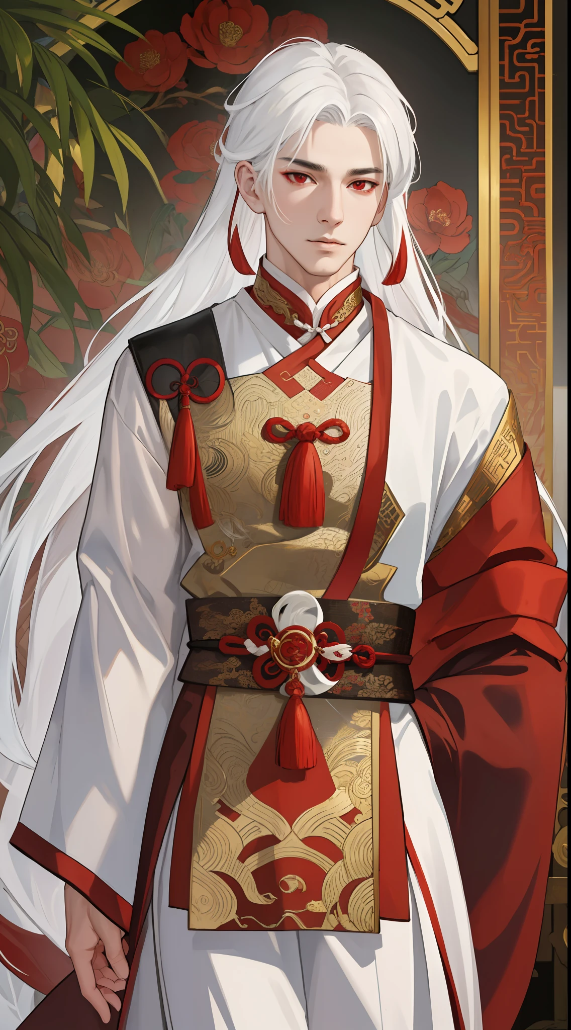 nsfw, masterpiece, best quality, ultra-detailed, semi-realistic, detailed facial features, 1boy, white hair, long hair, red eyes, wearing xianxia ancient clothes