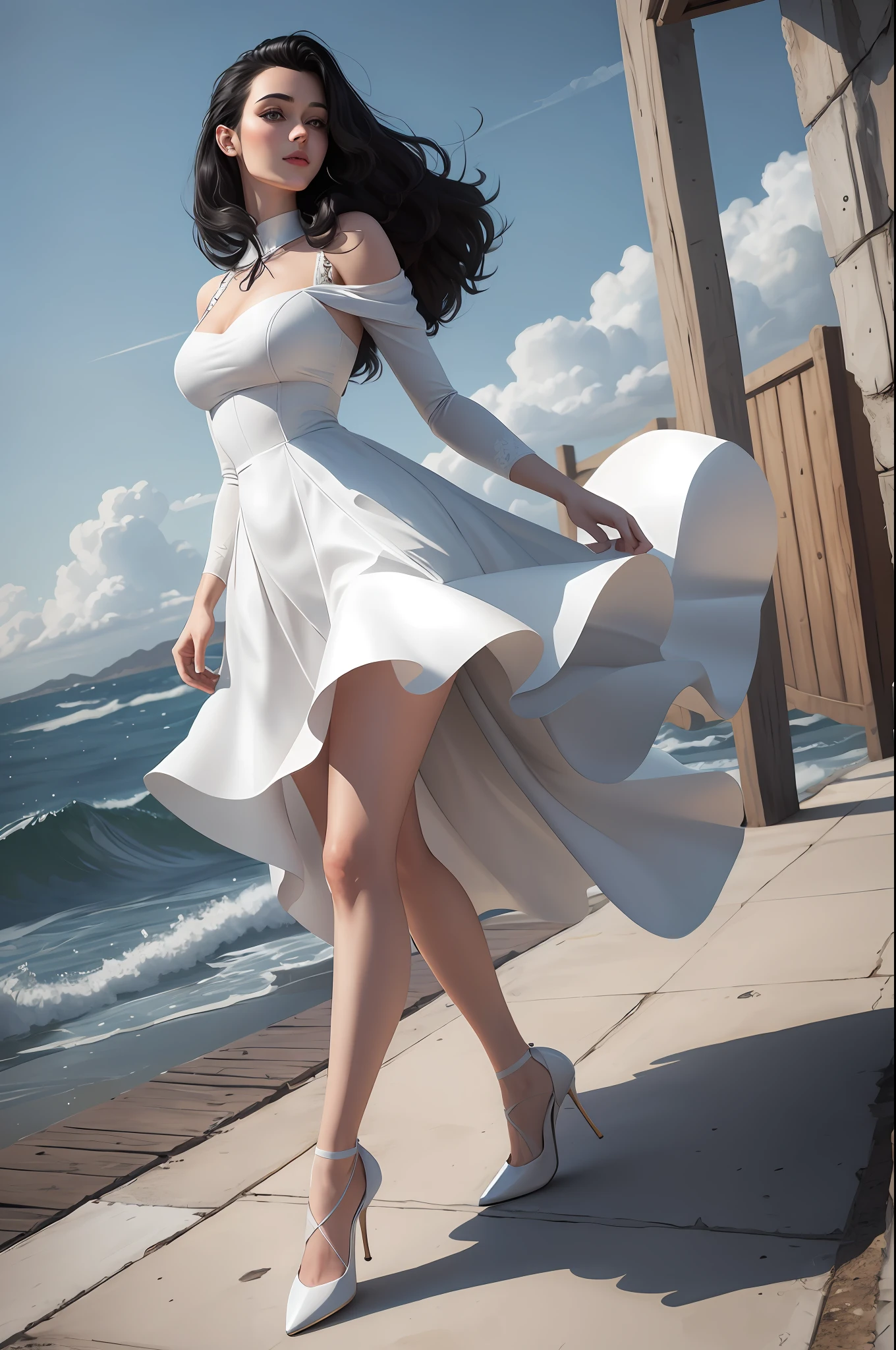 8k, best quality, masterpiece, highly detailed, semi realistic, 1 girl, 25 years old, black hair, windy, white dress school, high heels