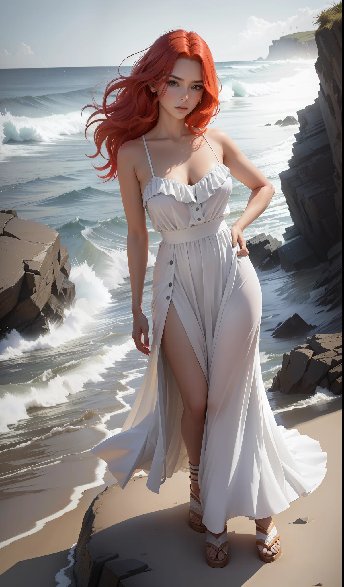 "(((realism))), ((((foto_atual)))), taken from real life, with (cabelos_vermelhos) red hair, posing sideways, looking at the camera in a flowing dress over the rocks on the beach."