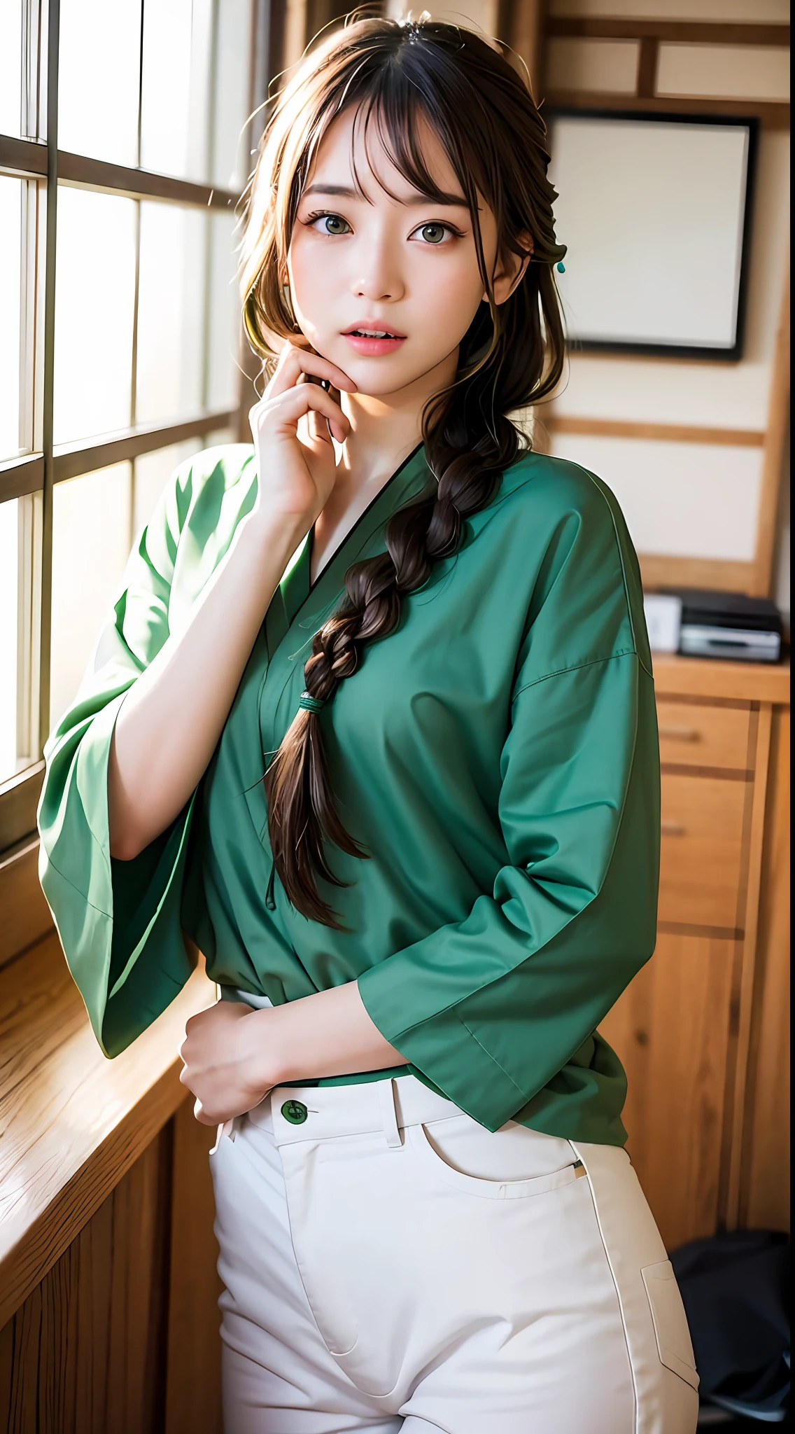 (matsue:1.5), green eyes, green hair, close up, office attire, blue shirt, white pants, masterpiece, best quality, raw photo, photorealistic, face, incredibly absurdres, beautiful girl, cute, braid hair, depth of field, highres, ultra-detailed, finely detail, extremely detailed, extremely detailed eyes and face, sharp pupils, realistic pupils, sharp focus, cinematic lighting