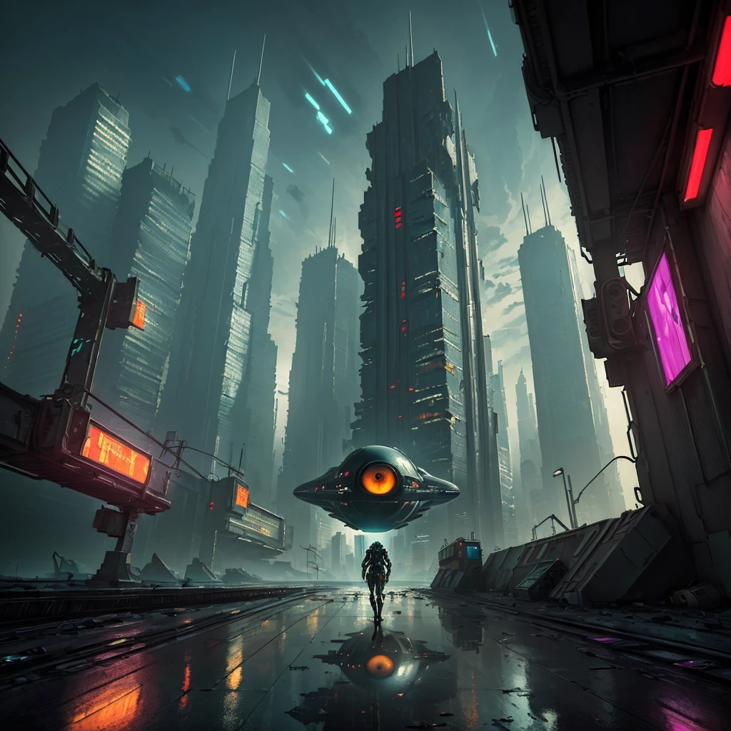 (((Masterpiece))), ultra-high image quality, In a desolate cyberpunk city, a huge eye floats in the air, reflecting the figure of tall buildings and shuttle trains