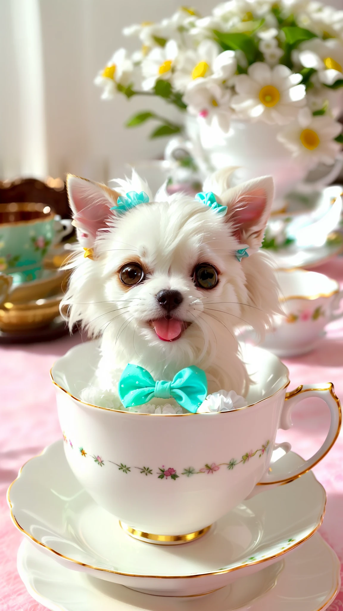 Cute little white Chihuahua in a teacup, big eyes, 8k, delicate, clear, (((real)), paws sticking out of teacup, sticking out tongue, ((cute)), ((small)), professional photographer, professional photography, (((hair is fluffy)), antique and stylish teacups and plates, (face sticking out of teacup), indoors, sunlight, light leak, Reality like photo, ribbon, wearing scrunchies on ears, white, like photo