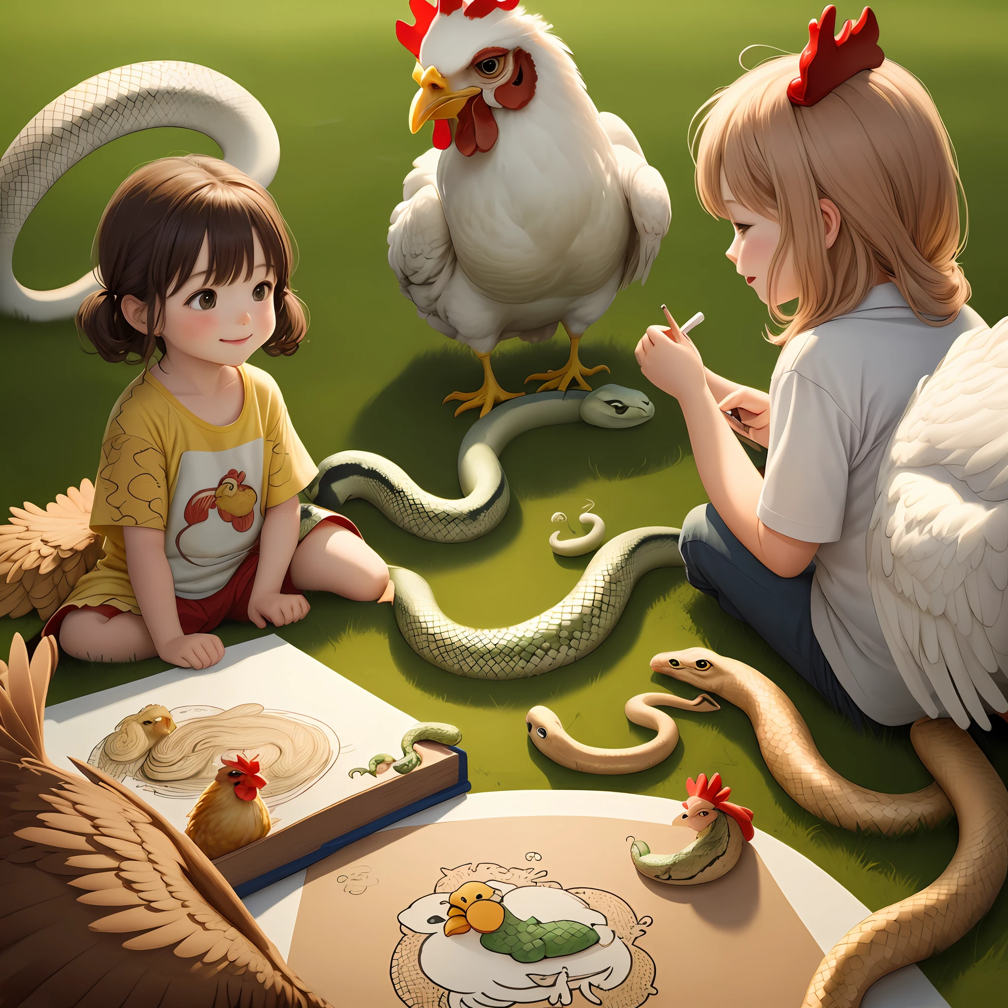 Draw me a picture, a chicken and a snake playing together