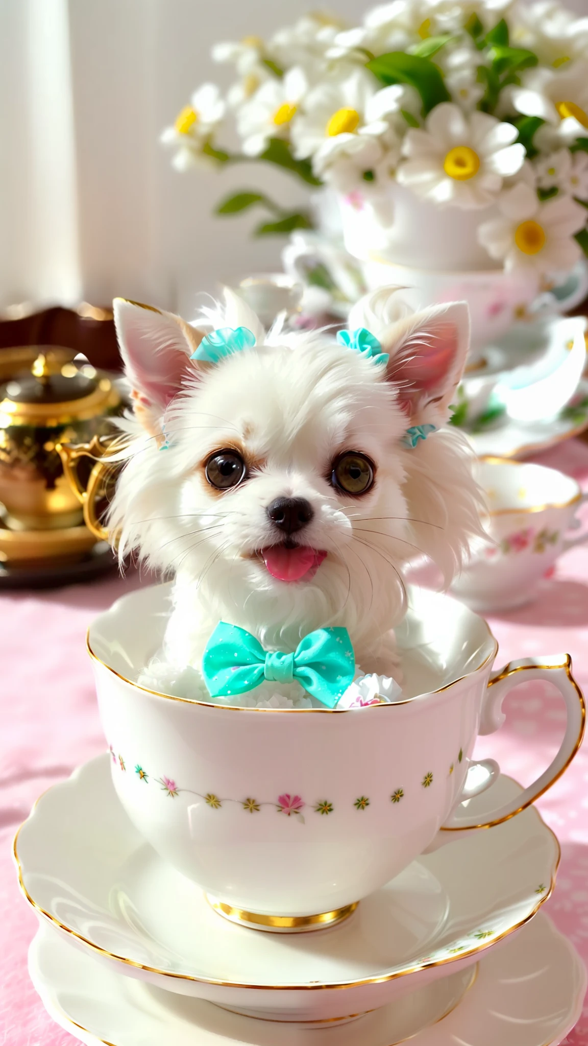 Cute little white Chihuahua in a teacup, big eyes, 8k, delicate, clear, (((real)), paws sticking out of teacup, sticking out tongue, ((cute)), ((small)), professional photographer, professional photography, (((hair is fluffy)), antique and stylish teacups and plates, (face sticking out of teacup), indoors, sunlight, light leak, Reality like photo, ribbon, wearing scrunchies on ears, white, like photo