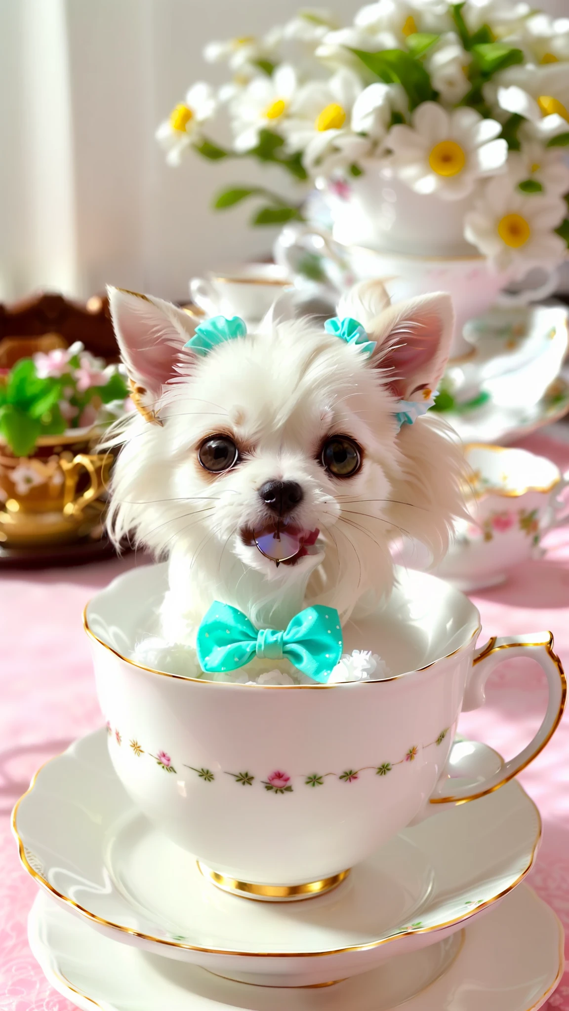 Cute little white Chihuahua in a teacup, big eyes, 8k, delicate, clear, (((real)), paws sticking out of teacup, sticking out tongue, ((cute)), ((small)), professional photographer, professional photography, (((hair is fluffy)), antique and stylish teacups and plates, (face sticking out of teacup), indoors, sunlight, light leak, Reality like photo, ribbon, wearing scrunchies on ears, white, like photo