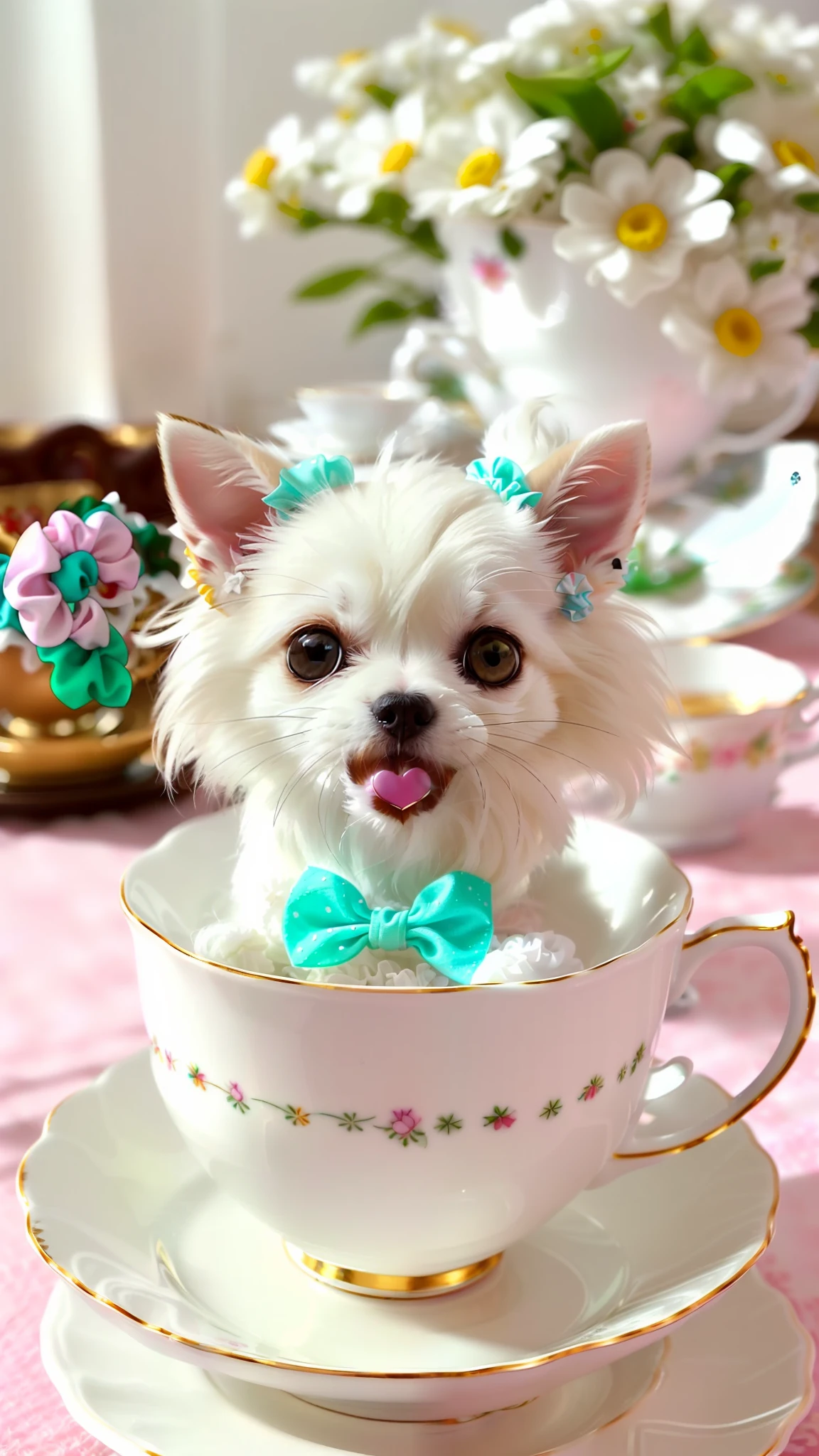 Cute little white Chihuahua in a teacup, big eyes, 8k, delicate, clear, (((real)), paws sticking out of teacup, sticking out tongue, ((cute)), ((small)), professional photographer, professional photography, (((hair is fluffy)), antique and stylish teacups and plates, (face sticking out of teacup), indoors, sunlight, light leak, Reality like photo, ribbon, wearing scrunchies on ears, white, like photo