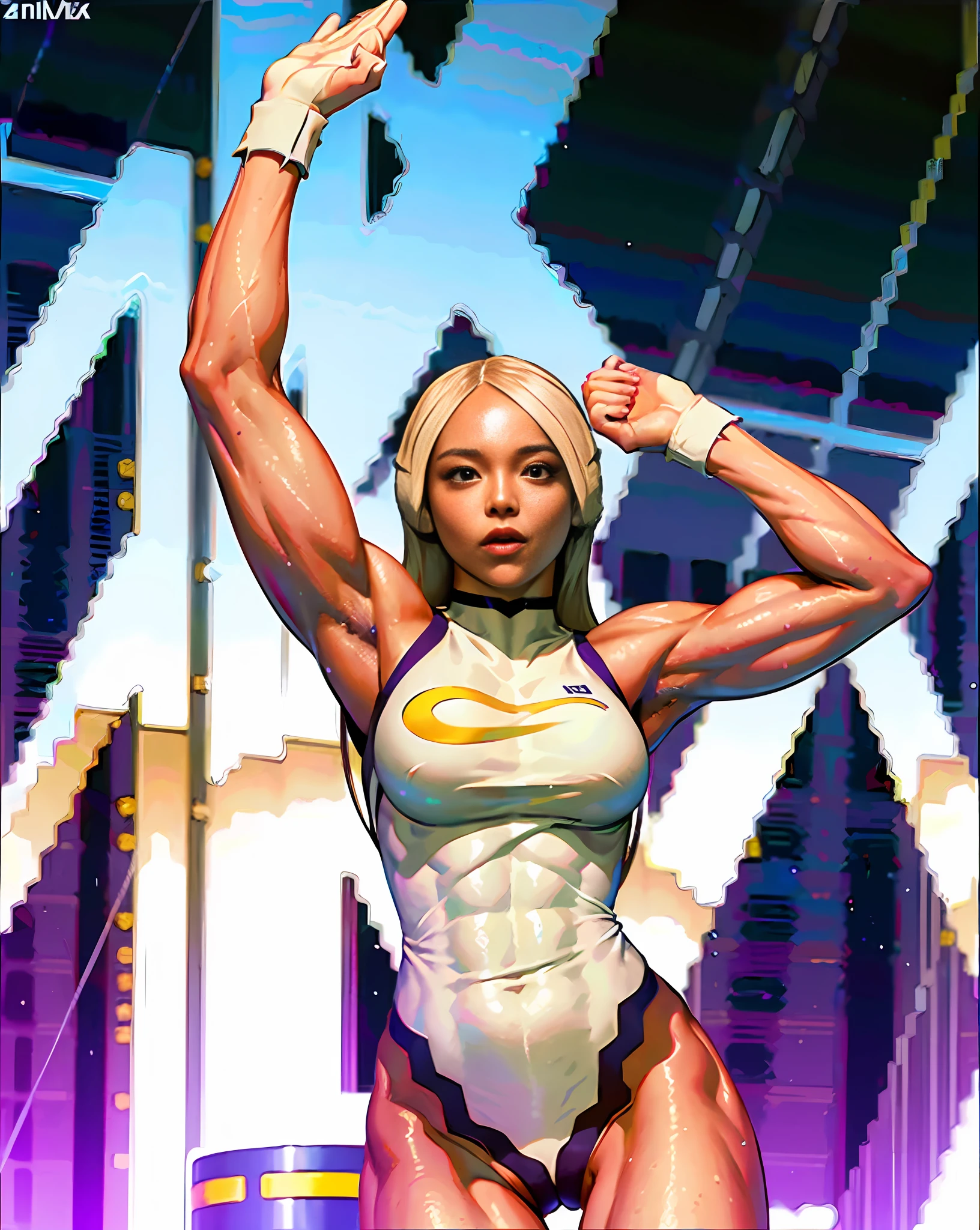 arafed woman with bunny ears in a white and purple outfit posing for a picture, muscular ultraviolent woman, bodybuilder superhero bikini, thicc, posing and flexing, strong pose, bursting with muscles, body is strong and upright, powerful pose, huge muscles, very beautiful. big muscles, muscular thighs, karla ortiz, lucio as a woman, big biceps