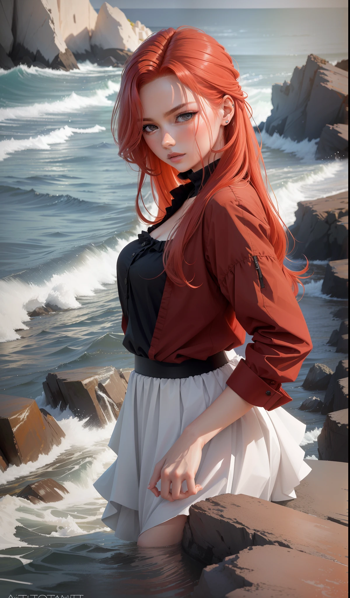 "((((realism))), ((((foto_atual))))) high-quality, intense and bustling red hair, model posing sideways in a flowing dress on rocks on a beach, looking directly into the camera."