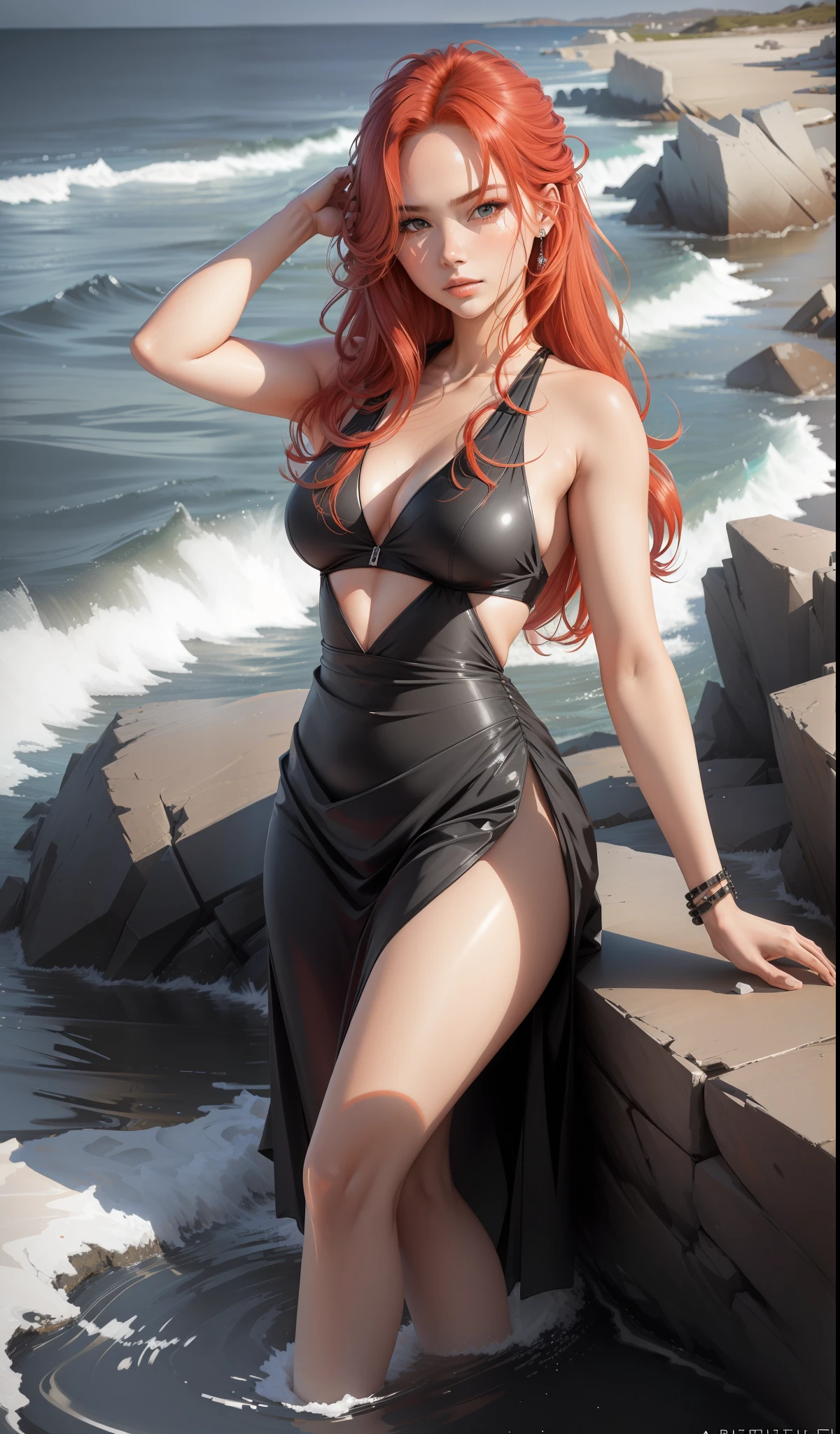 "((((realism))), ((((foto_atual))))) high-quality, intense and bustling red hair, model posing sideways in a flowing dress on rocks on a beach, looking directly into the camera."