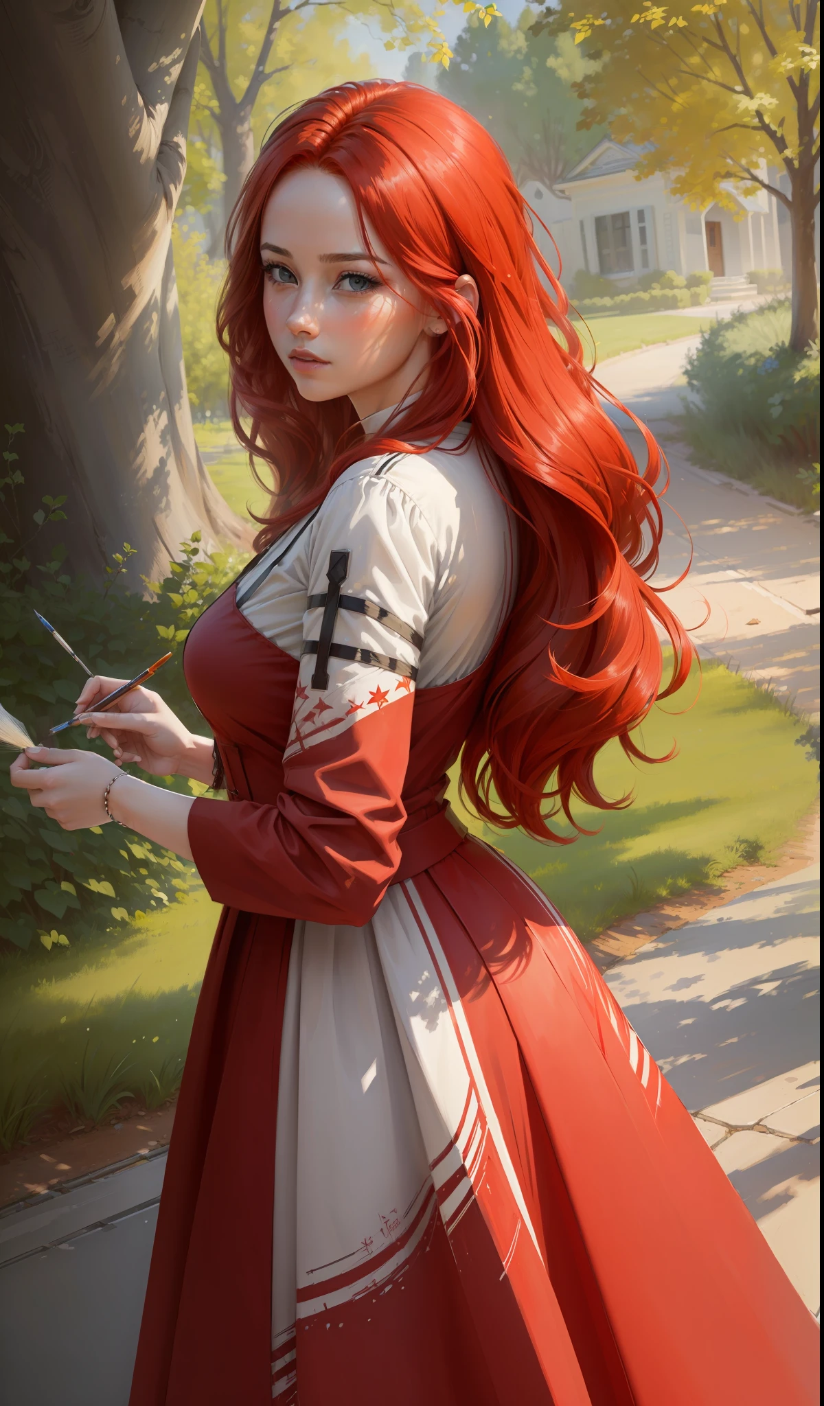 (((((((realism)))), high quality, directly from real life), woman painting a picture, shade of a tree, intense and voluminous red hair, flowing dress, side photo)