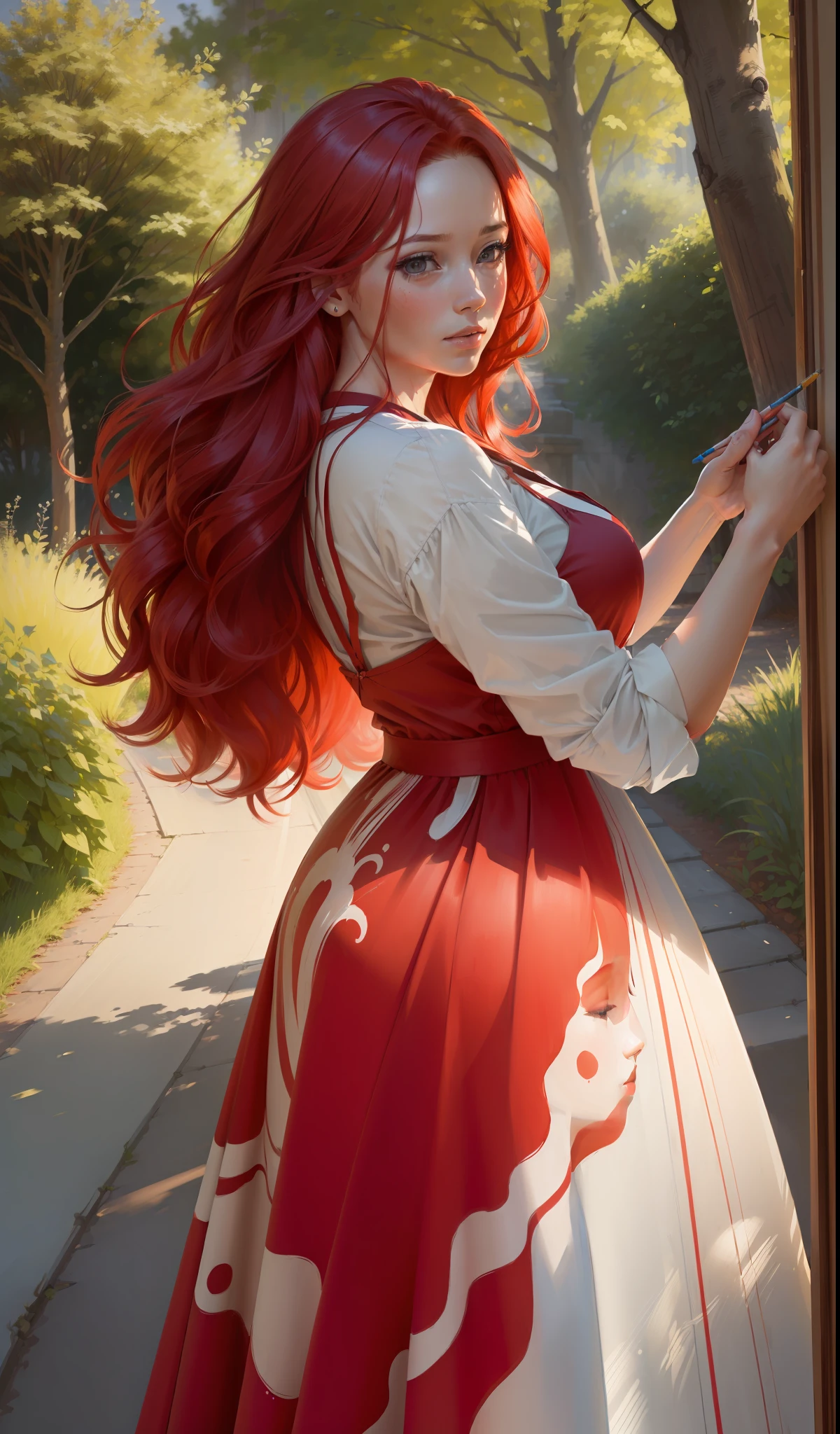 (((((((realism)))), high quality, directly from real life), woman painting a picture, shade of a tree, intense and voluminous red hair, flowing dress, side photo)