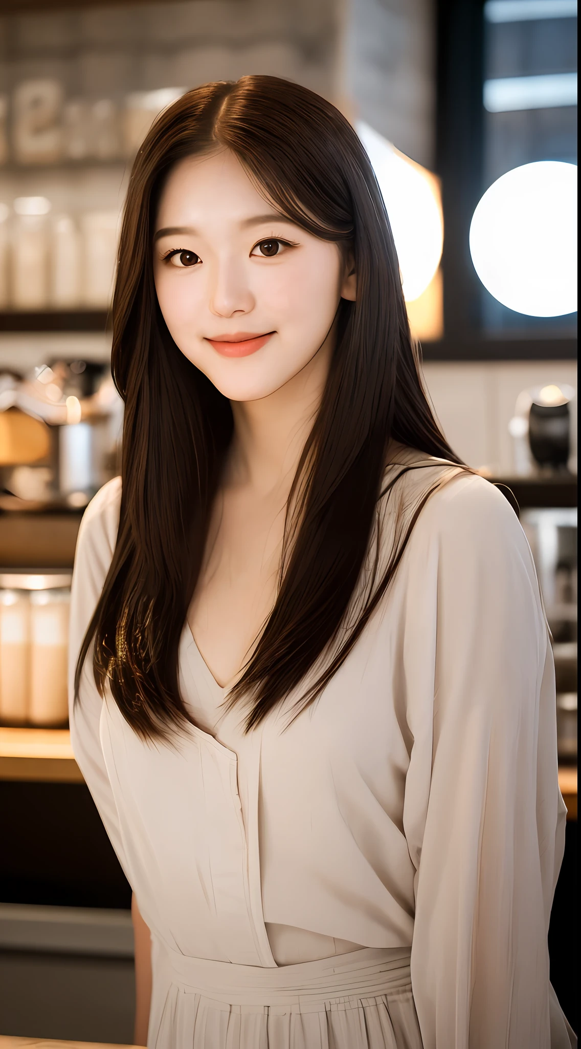 realistic photos of (1 cute Korean star) cloud hair, thin makeup, medium breasts size, slightly smile, fox mask, in the coffee shop, night, clear facial features, wide shot, god rays, backlighting, UHD, masterpiece, high details, highres, 16k