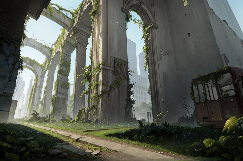 There is a towering tree in the ruins of the city, the city is overgrown with plants, dilapidated cars, real light effects, masterpieces, the best quality, official art, 8k wallpapers, (real: 1), (add more rich details)), breeze, (more realistic shrubs), dilapidated buildings, more dilapidated buildings, ((Tyndall light)), (more details), (8K)