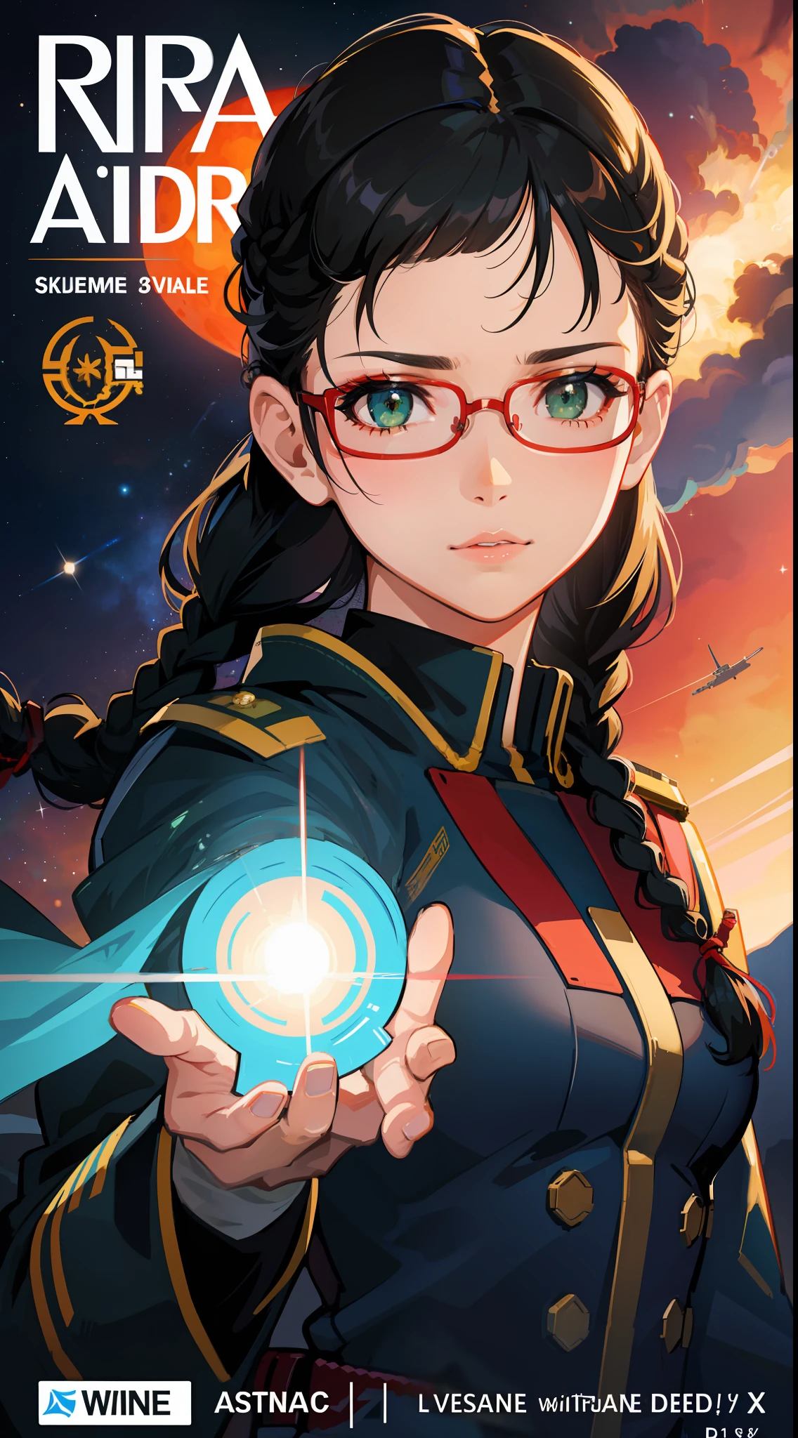 Movie Poster,((Braid Hairstyle : 1.5)),Anime Reference 86 ,Science Fiction,Sci-Fi,Movies,War Action Movies,Space,Atmosphere,Sky,Battleship,Multiple Characters,Women,Adults,Green Eyes,Black Hair,(Pia bangs hairstyle) : 1.8 ),(Red Glasses),General Uniform,White Commander Uniform,Realistic Face Details,Realism,3D Face,