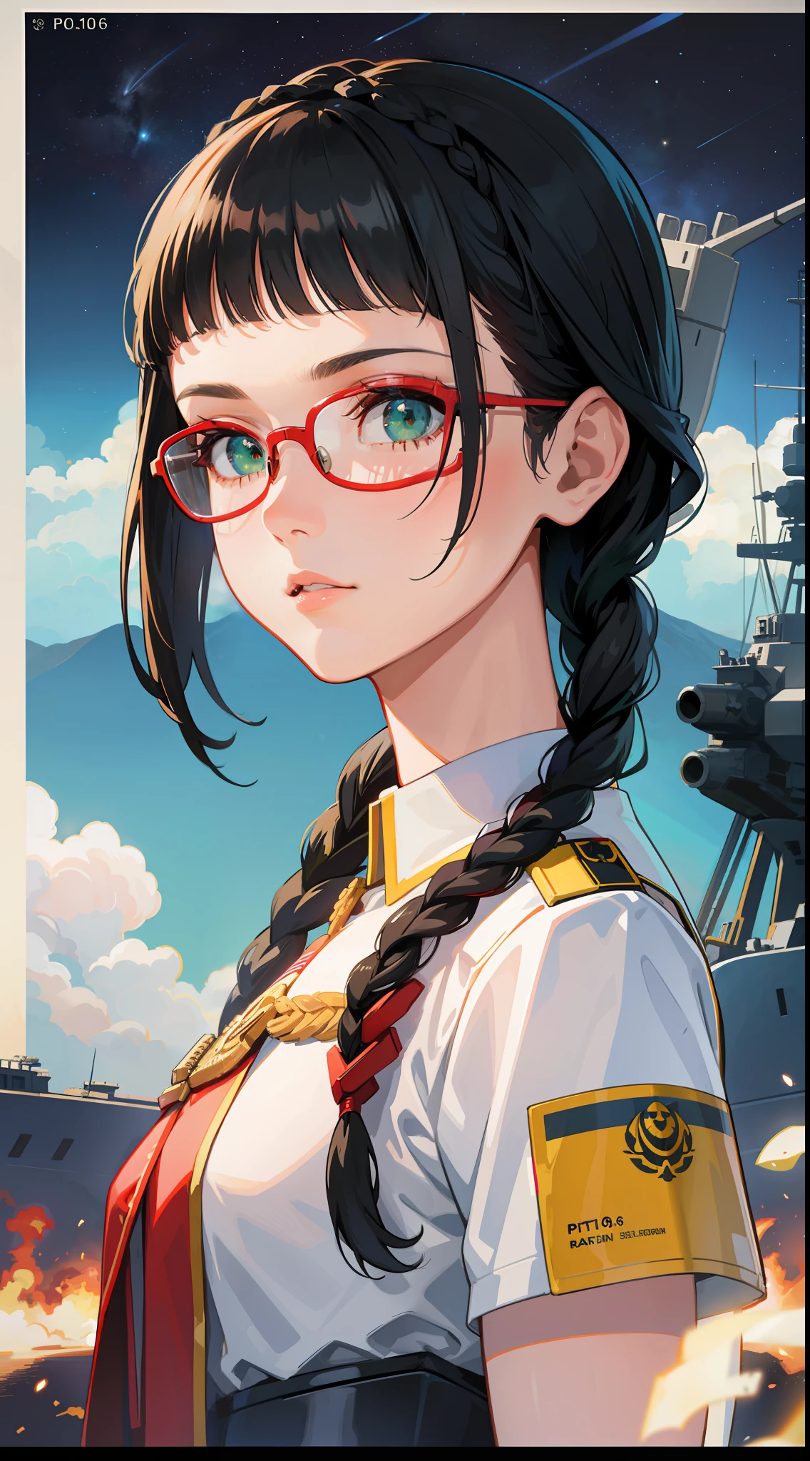 Movie Poster,((Braid Hairstyle : 1.5)),Anime Reference 86 ,Science Fiction,Sci-Fi,Movies,War Action Movies,Space,Atmosphere,Sky,Battleship,Multiple Characters,Women,Adults,Green Eyes,Black Hair,(Pia bangs hairstyle) : 1.8 ),(Red Glasses),General Uniform,White Commander Uniform,Realistic Face Details,Realism,3D Face,