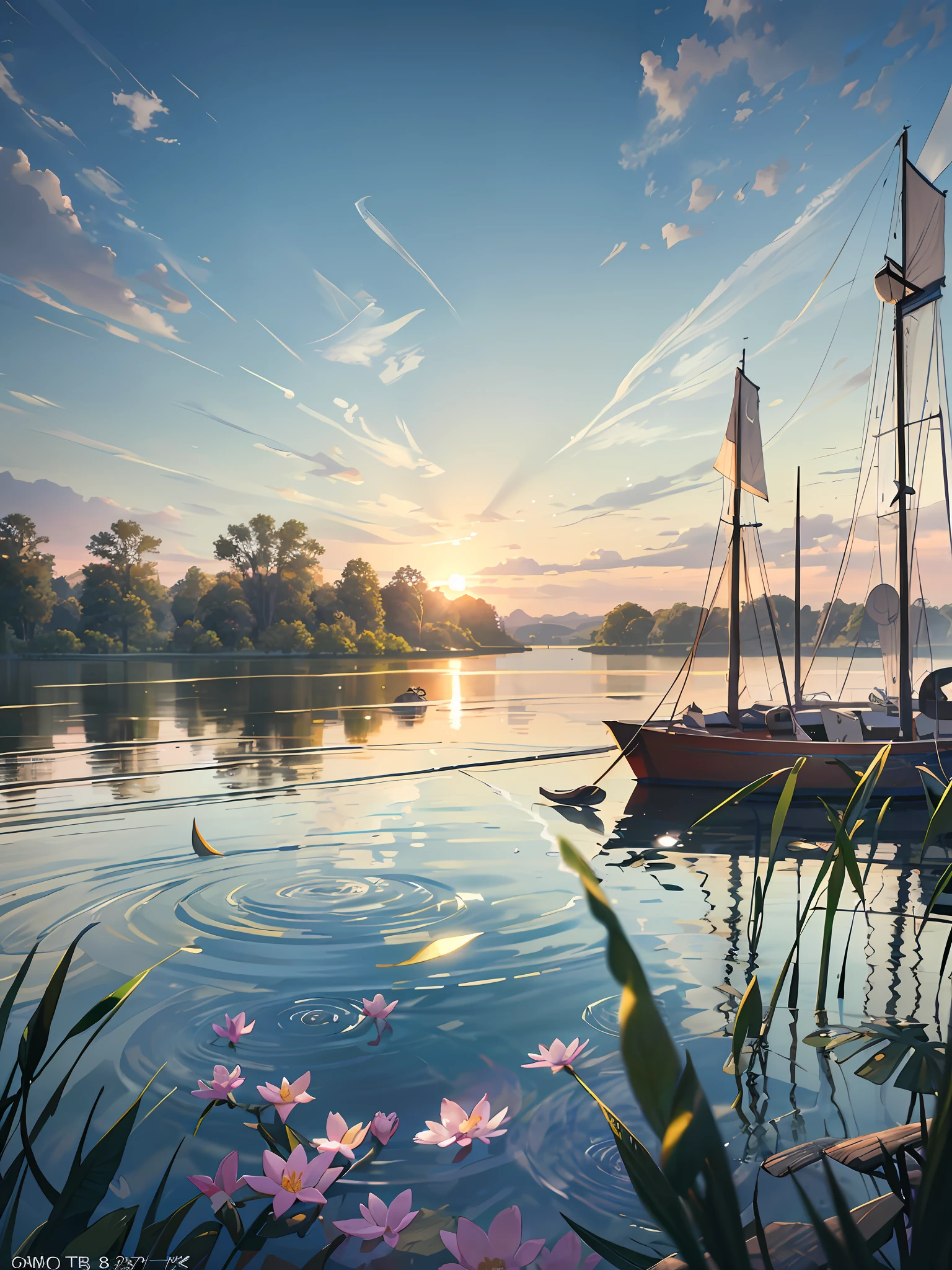 Wallpaper, summer pond, pond, boat, afternoon sun, reeds, pond background, depth of field, hot weather, HD detail, wet watermark, hyperdetail, cinematic, surrealism, soft light, deep field focus bokeh, ray tracing, diffuse (ultra-fine glass reflection) and surrealism. --v6