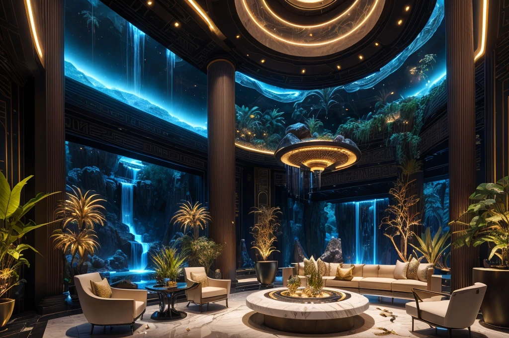 incredible luxurious futuristic interior in Ancient Egyptian style with many ((lush plants)) (lotus flowers), ((palm trees)), rocky walls, (sand), ((waterfalls)) (marble), ((precious minerals)), ((metals)), (gemstones), crystals, clouds and ((water)), futuristic luxury furniture, ((plants made out of gemstones and precious minerals)), crocodiles, (hieroglyphics), (((ultra luxury))), (black marble) – with ((beautiful lights)), Unreal Engine, HQ, 16k
