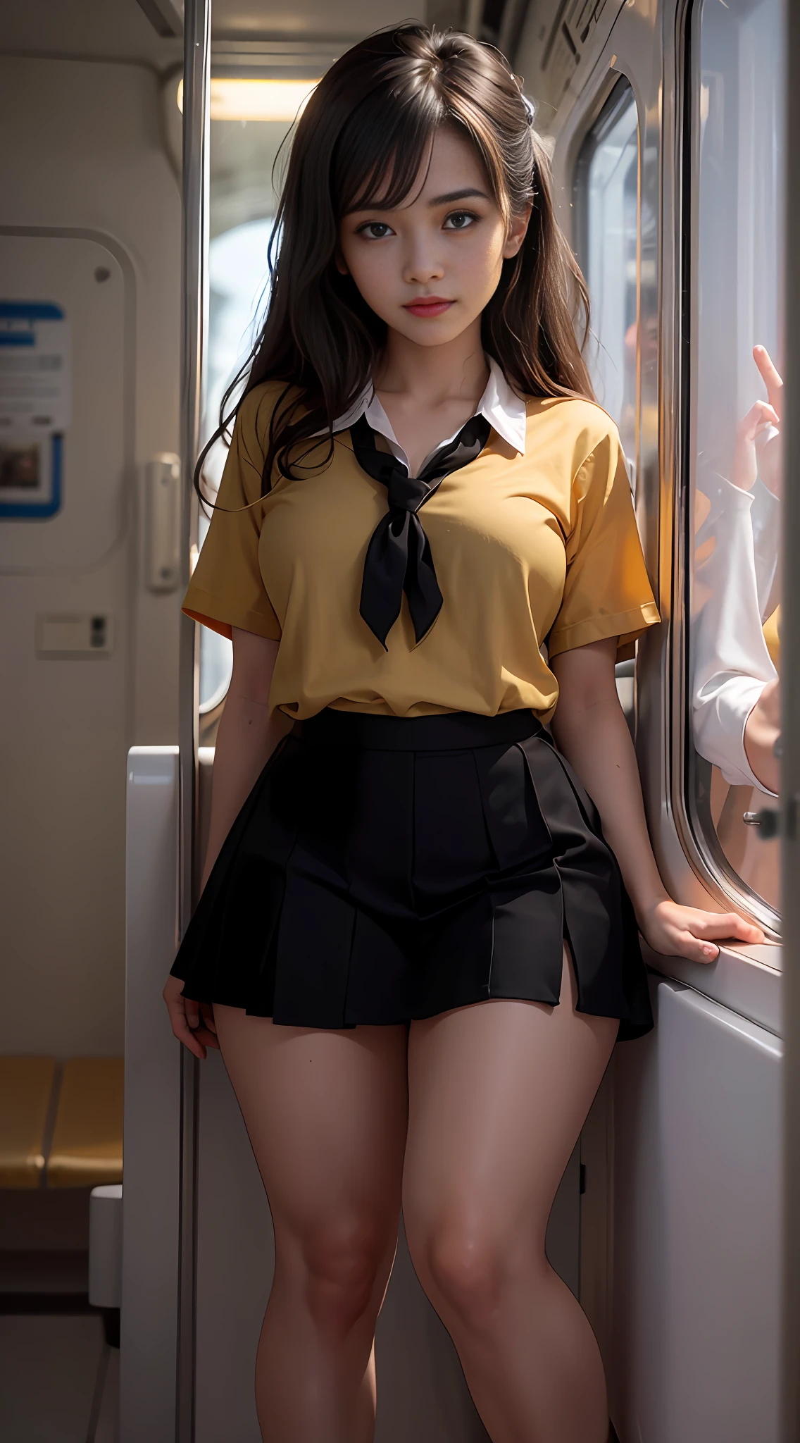 Highest quality, full body detail, golden ratio, (theater lighting: 0.7), masterpiece, viewer angle shot, cute smile, (30 years old Khazakh girl sweaty ), looking straight mysteriously happy,camel toe, siting on the crouded train, long black messy hair (wearing wet on sweat school uniform), sunset, curvy full body portrait, perfect face, amazing eyes, vivid details, (highly detailed skin), accent lighting, depth of field, old camera, conscious, digital grain, war photography, dogs perspective view angle photoshoot, from bottom to top