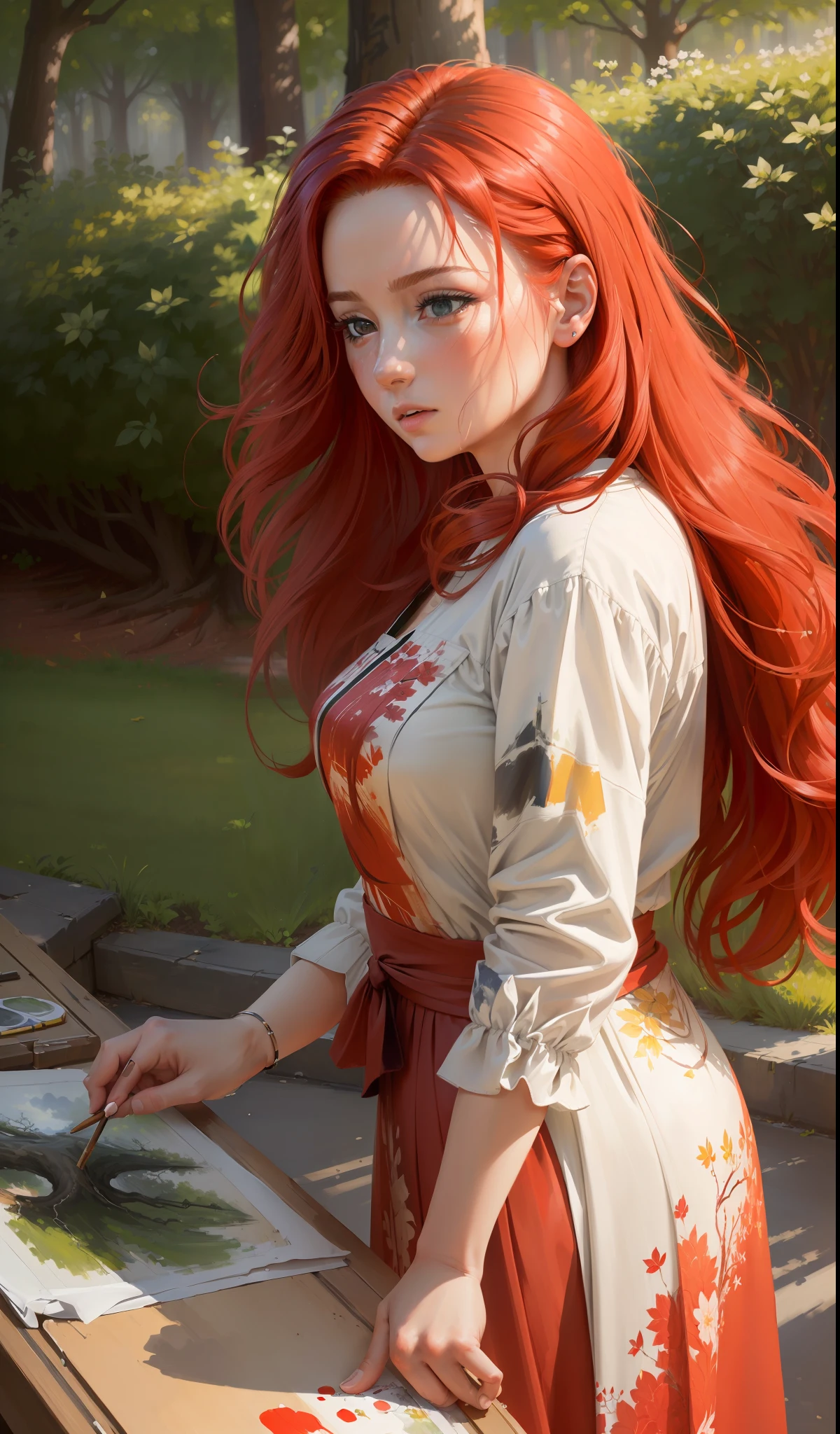 (((((((realism)))), high quality, directly from real life), woman painting a picture, shade of a tree, intense and voluminous red hair, flowing dress, side photo)