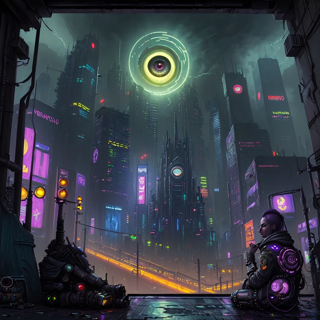 (((Masterpiece))), super high quality, a huge eye with a cyberpunk city in the eye, and trains in the city