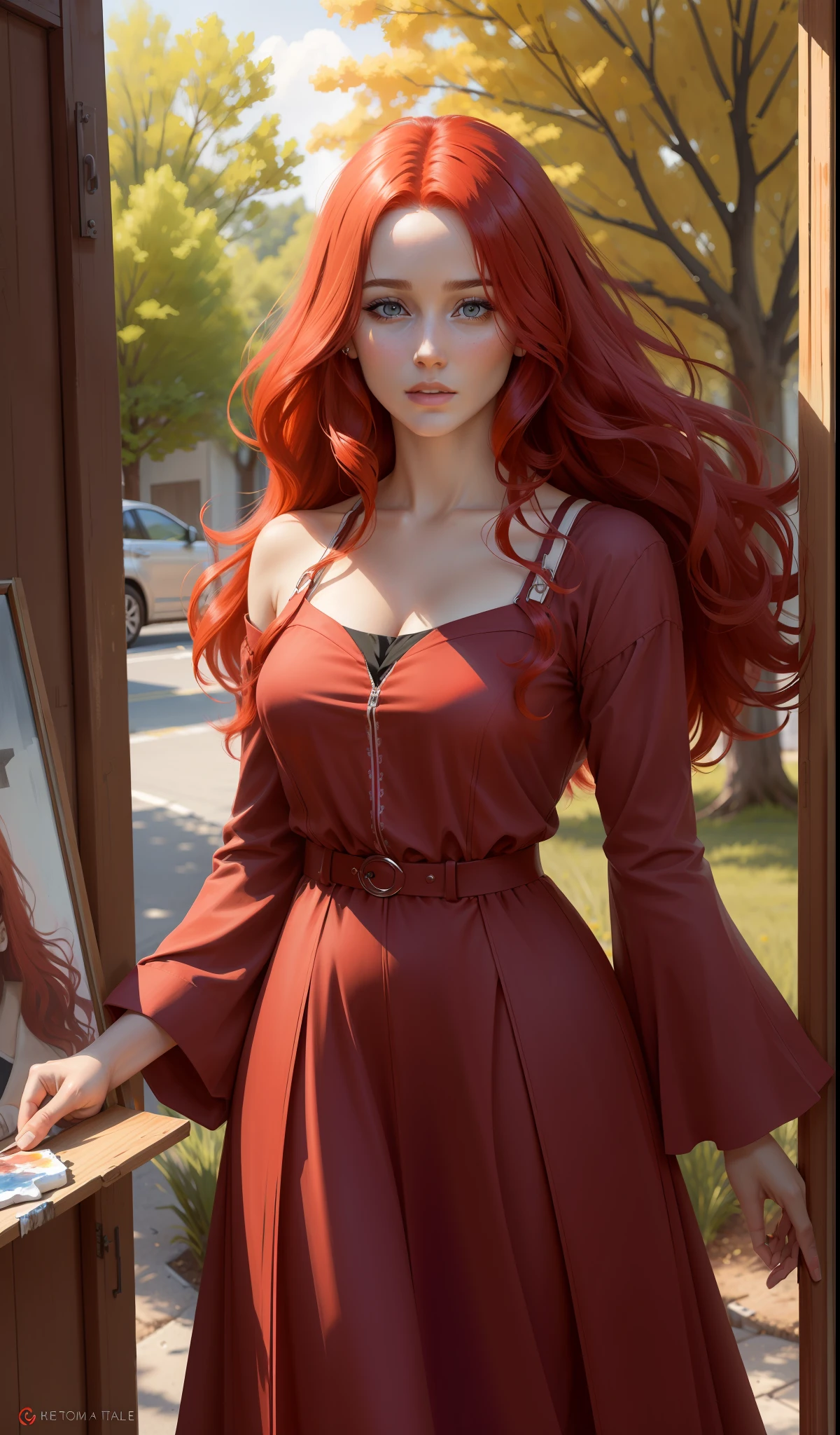 "((((realistic))), ((((woman)))), straight from real life, with (hair_red) red hair, painting a picture, shade of a tree, intense and voluminous red hair, flowing dress, side photo)
