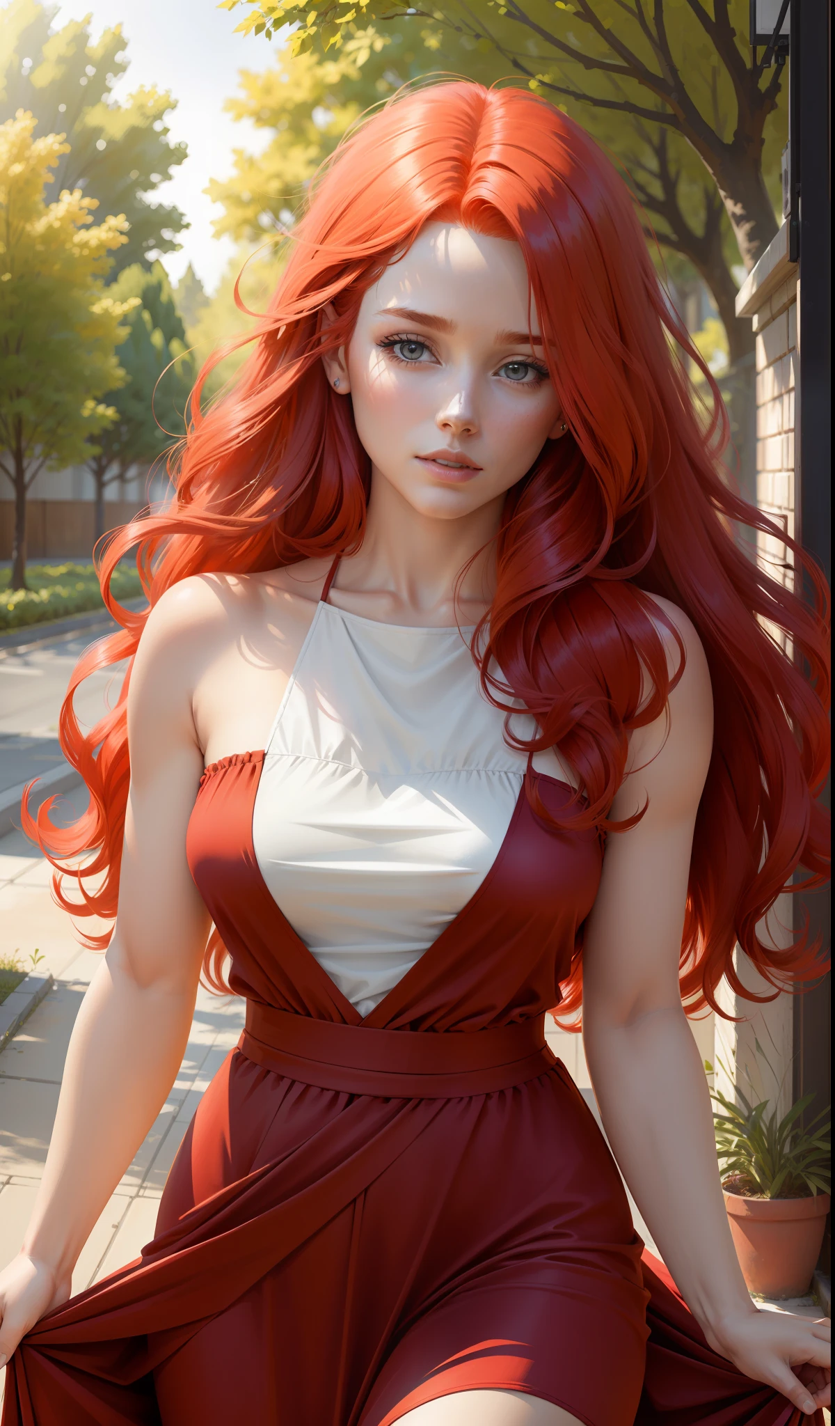 "((((realistic))), ((((woman)))), straight from real life, with (hair_red) red hair, painting a picture, shade of a tree, intense and voluminous red hair, flowing dress, side photo)
