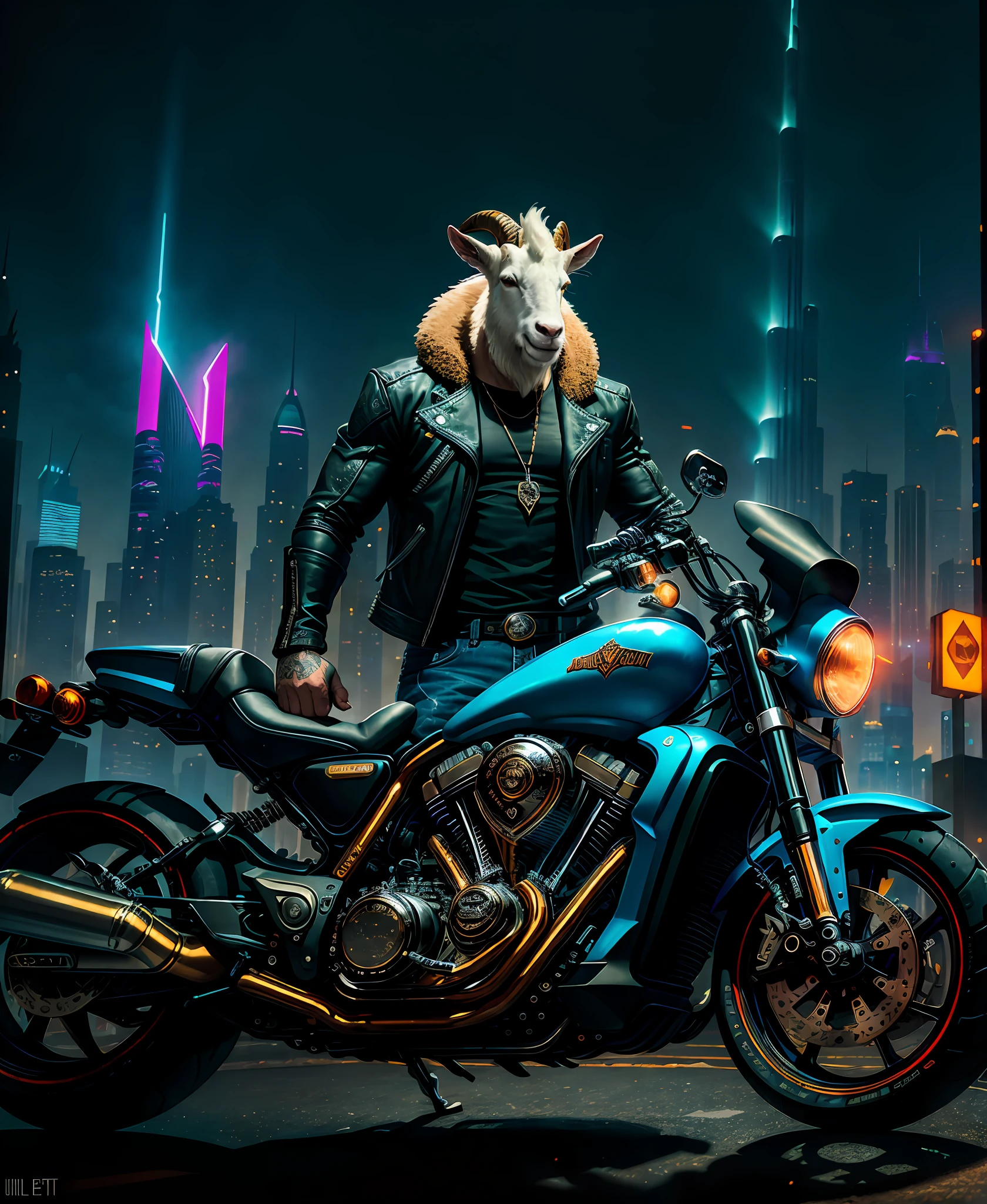 ((best quality)),((ultratailed)), ((masterpiece)), illustration, Scene structure: Goat, Goat face personified as a gangster, with Goat face and human body, wearing biker leather jacket, jeans, riding a Harley-Davidson motorcycle. He has a muscle build and tattoos on his body. He rides a Harley-Davidson motorcycle through the city, with tall buildings behind him and flashing neon lights. Immediate composition: Goat gangster, animal personification, Goat, riding Harley-Davidson motorcycle, tattooed body, muscle building, leather biker jacket, jeans, futuristic cityscape, tall buildings, Dubai estio, neon lights