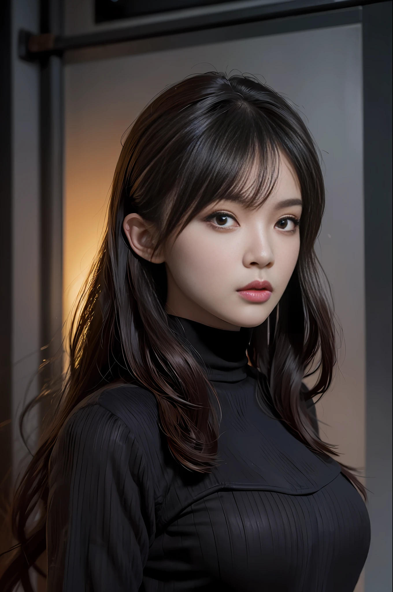 Masterpiece, (Front Focus), (In the Dark:1.6), Surrealist Female Portrait, Fantasy Art, Photorealism, Dynamic Lighting, ArtStation, Poster, Volumetric Lighting, Highly Detailed Face, Black and Fluffy Eyes, 4K, Award Won, 1 Girl, In the Dark, Deep Shadow, Low Key, Cowboy Shot, (Official Costume:1.4), Dark brown hair, some white hair, black red fur sweater,